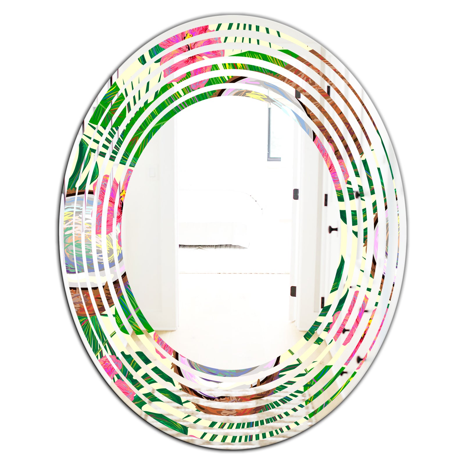 Tropical Cooconut and Jungle Flowers - Modern Round or Oval Wall Mirror - Wave