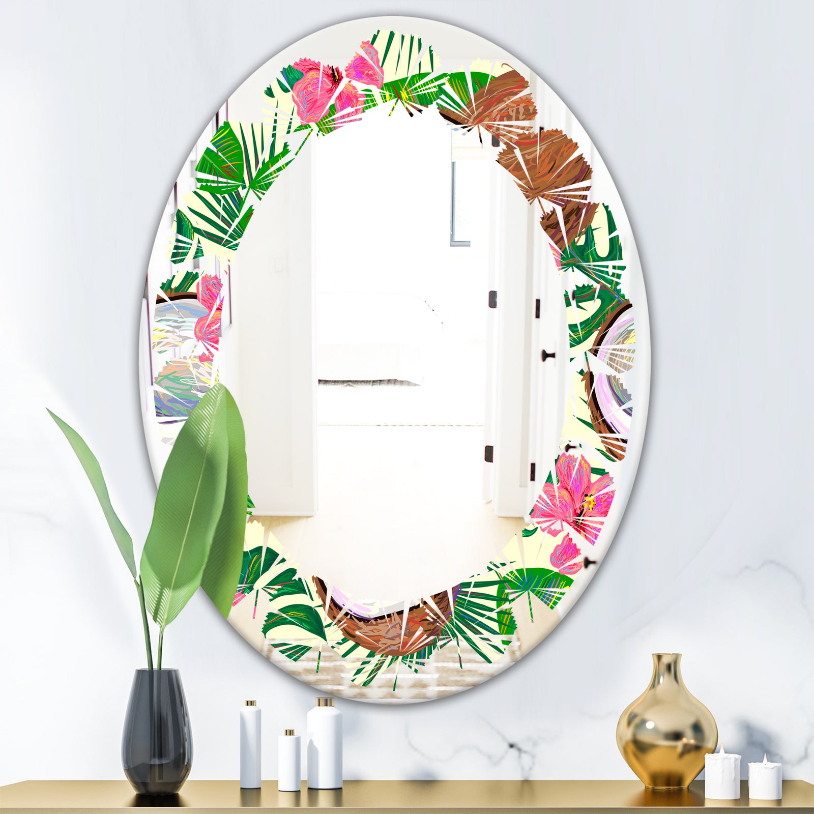 Tropical Cooconut and Jungle Flowers - Modern Round or Oval Wall Mirror - Leaves