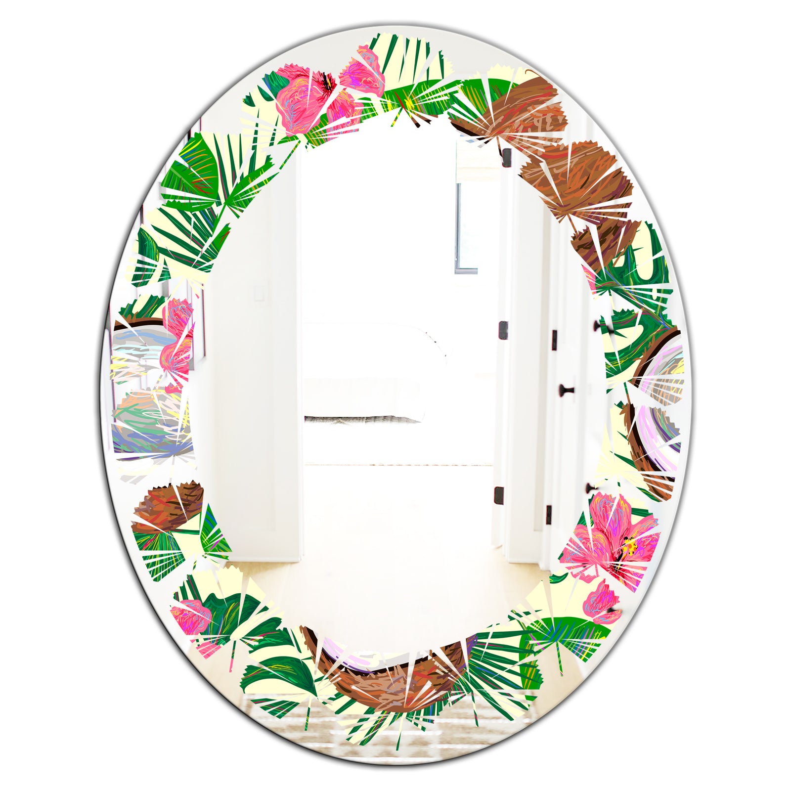 Tropical Cooconut and Jungle Flowers - Modern Round or Oval Wall Mirror - Leaves