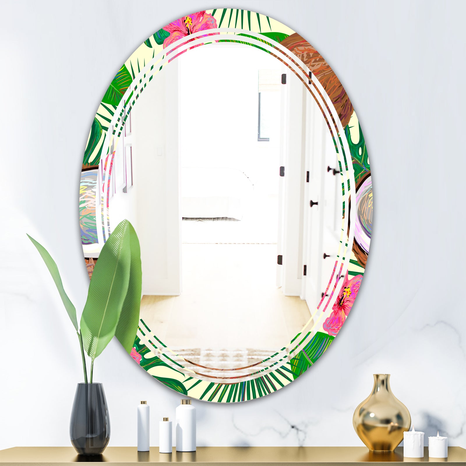 Tropical Cooconut and Jungle Flowers - Modern Round or Oval Wall Mirror - Triple C