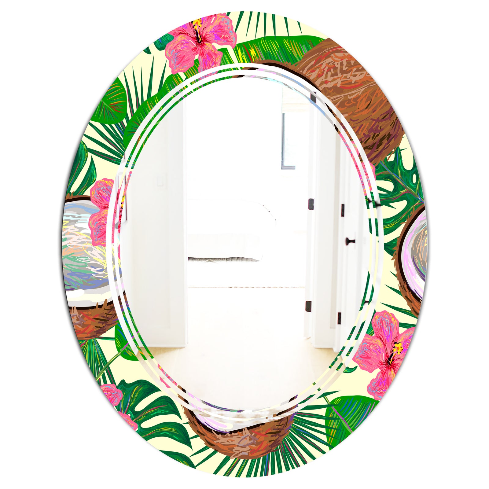 Tropical Cooconut and Jungle Flowers - Modern Round or Oval Wall Mirror - Triple C