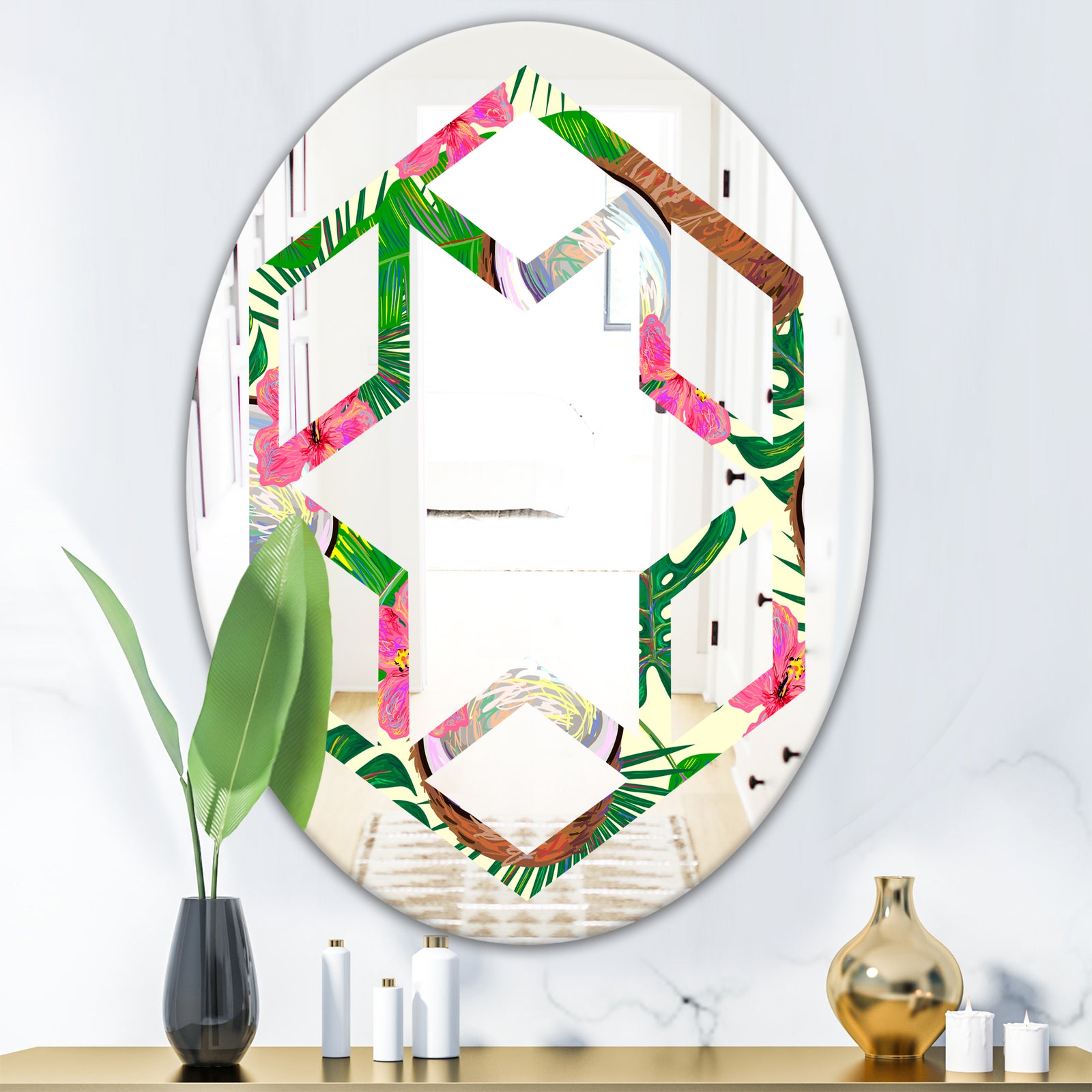 Tropical Cooconut and Jungle Flowers - Modern Round or Oval Wall Mirror - Hexagon Star