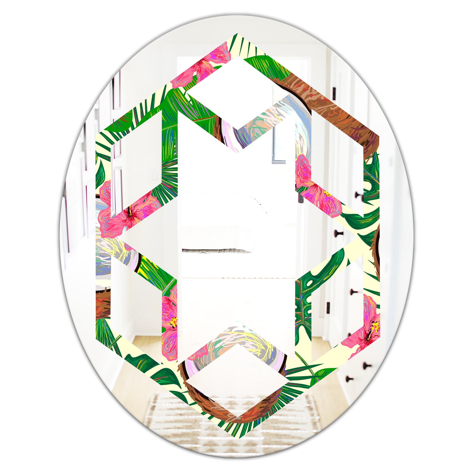 Tropical Cooconut and Jungle Flowers - Modern Round or Oval Wall Mirror - Hexagon Star
