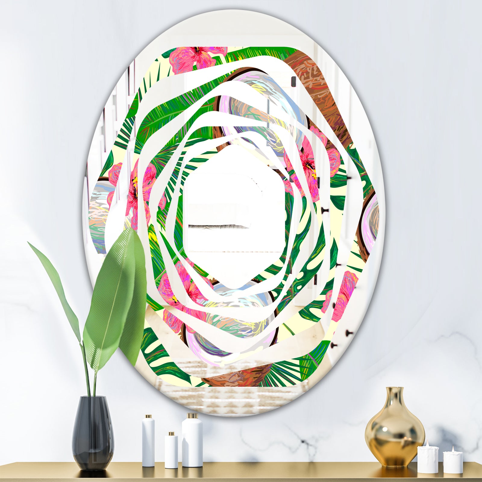 Tropical Cooconut and Jungle Flowers - Modern Round or Oval Wall Mirror - Whirl