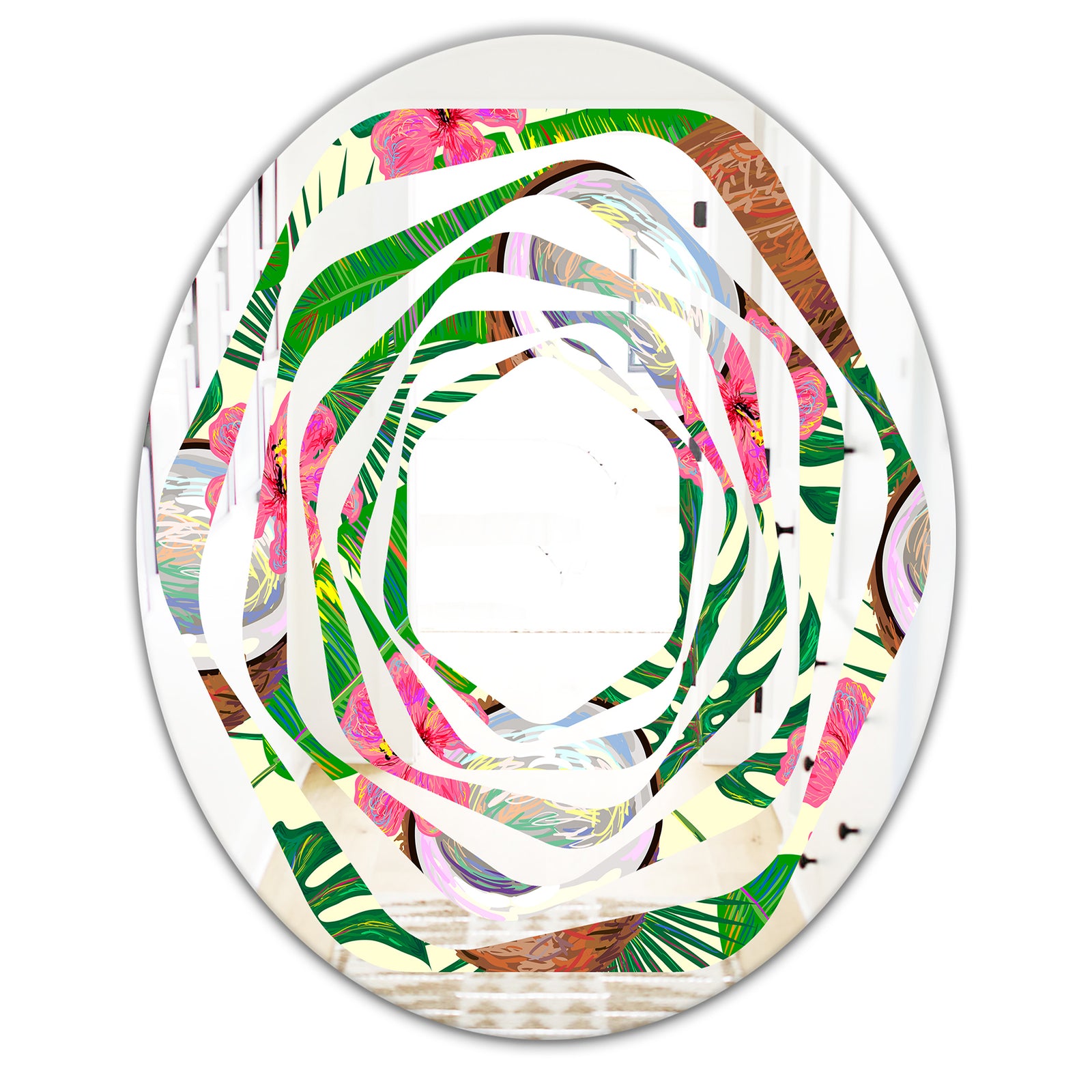 Tropical Cooconut and Jungle Flowers - Modern Round or Oval Wall Mirror - Whirl