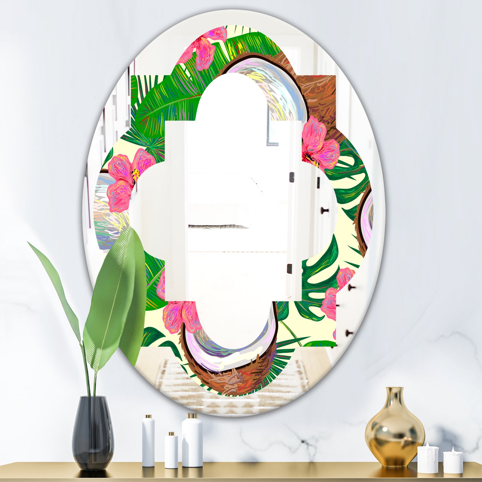 Tropical Cooconut and Jungle Flowers - Modern Round or Oval Wall Mirror - Quatrefoil