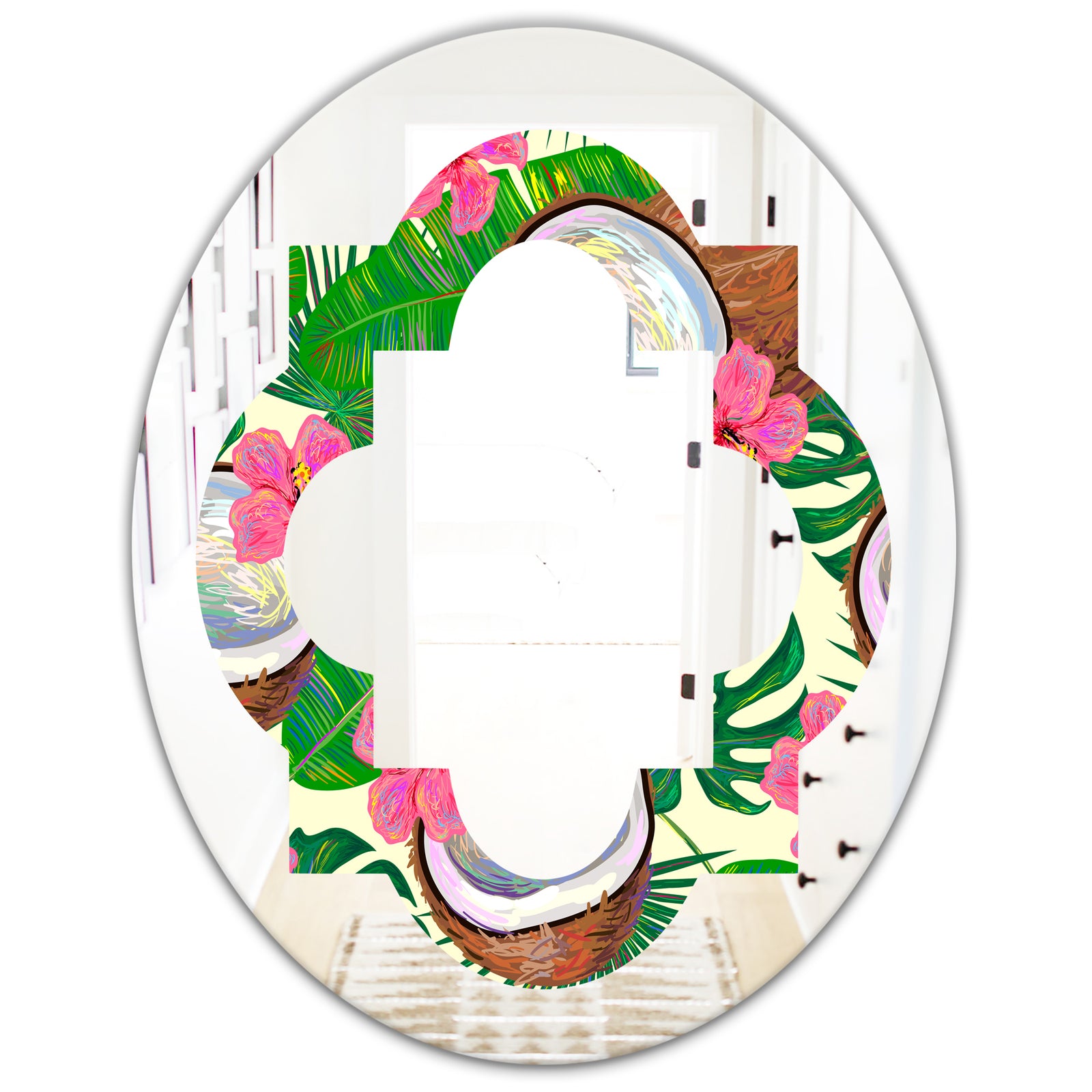 Tropical Cooconut and Jungle Flowers - Modern Round or Oval Wall Mirror - Quatrefoil