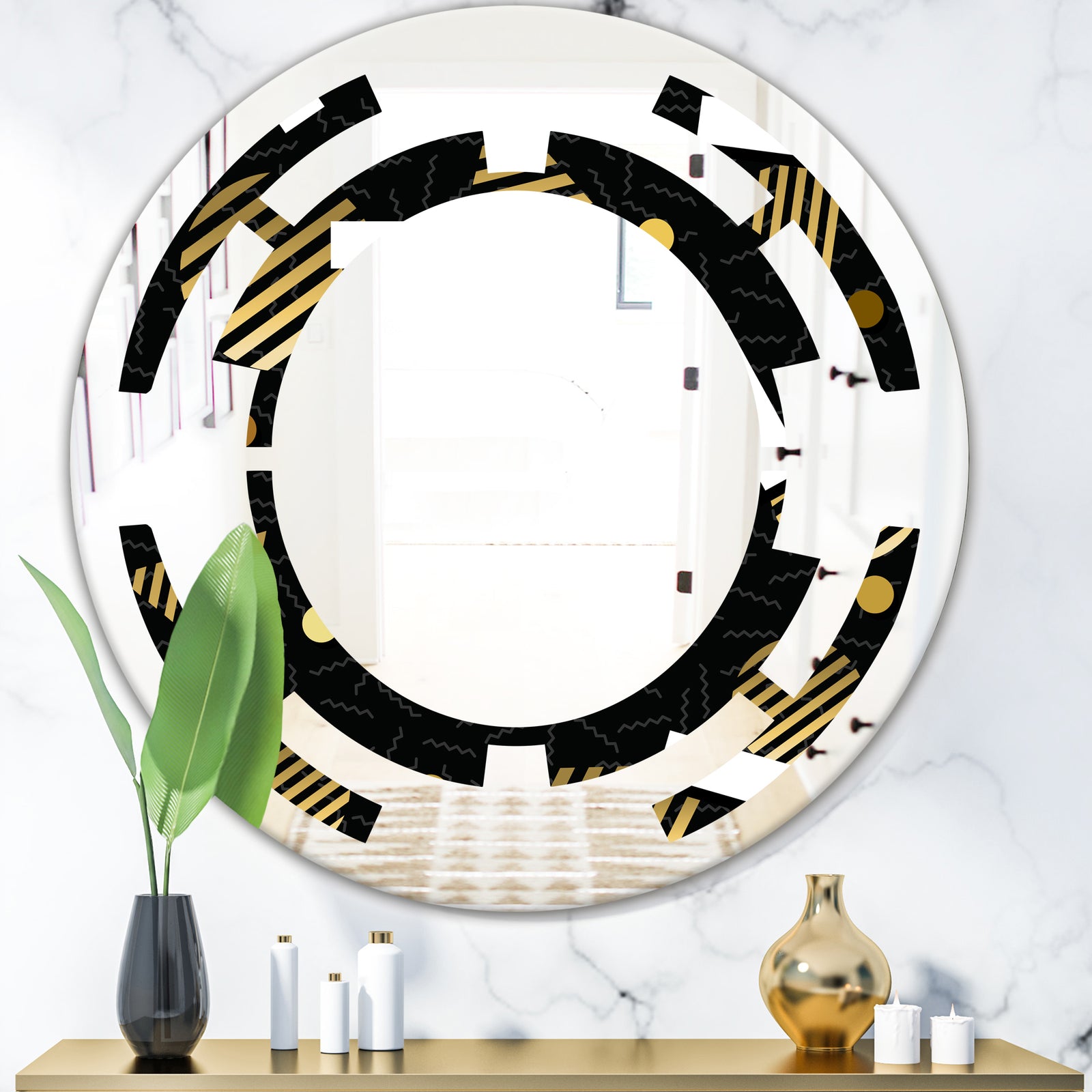 Gold Retro Circular Pattern - Modern Round or Oval Wall Mirror - Space