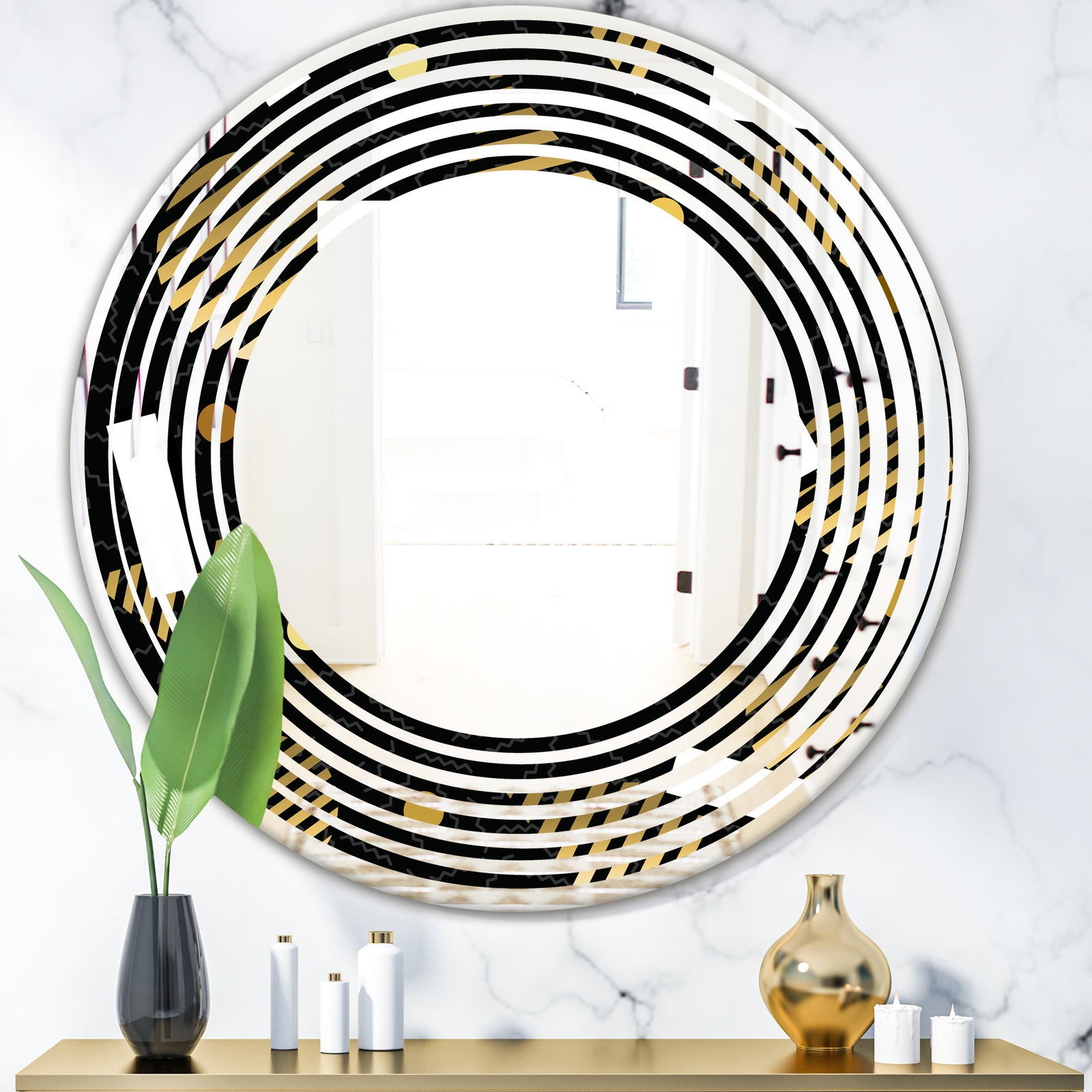 Gold Retro Circular Pattern - Modern Round or Oval Wall Mirror - Wave