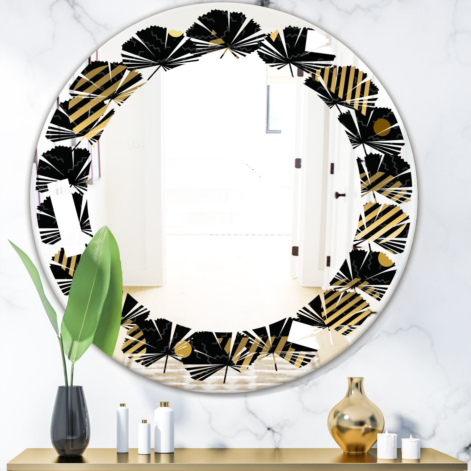 Gold Retro Circular Pattern - Modern Round or Oval Wall Mirror - Leaves
