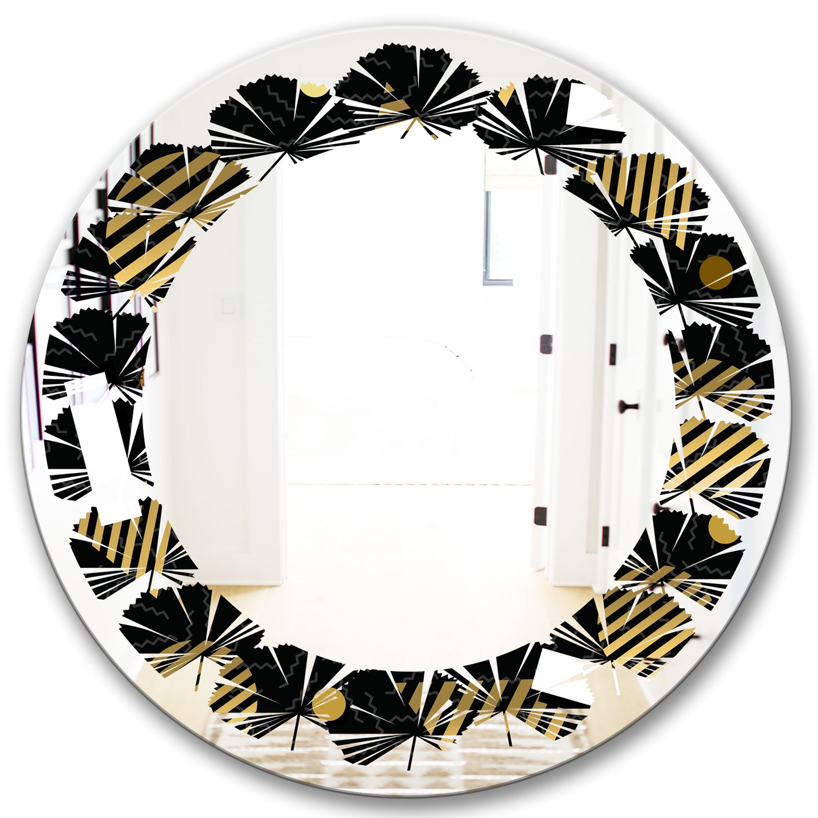 Gold Retro Circular Pattern - Modern Round or Oval Wall Mirror - Leaves