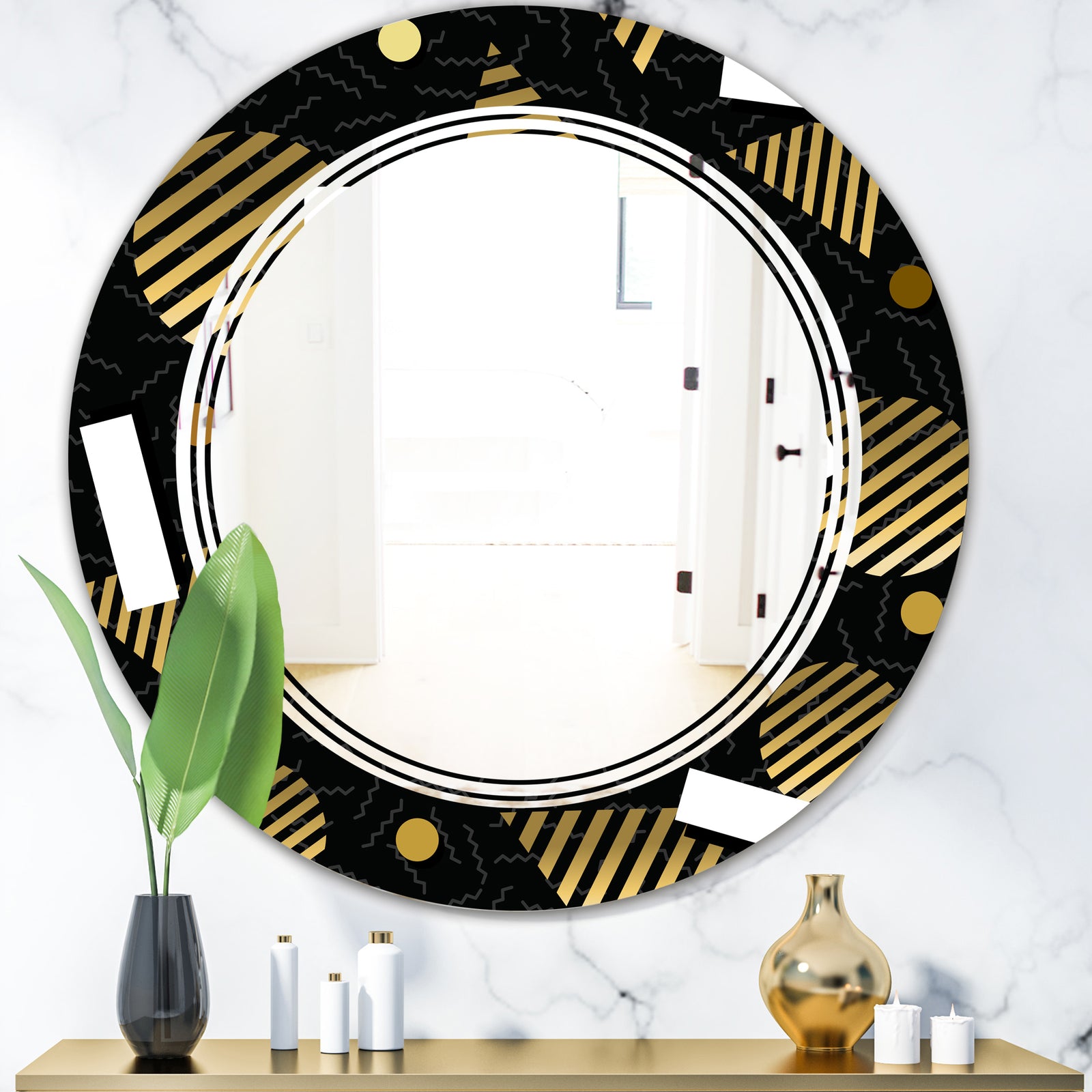 Gold Retro Circular Pattern - Modern Round or Oval Wall Mirror - Triple C