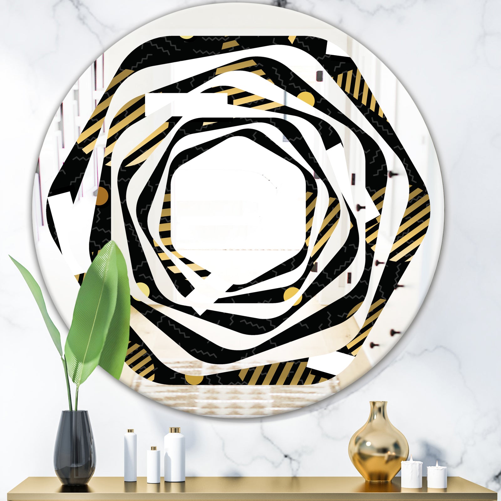 Gold Retro Circular Pattern - Modern Round or Oval Wall Mirror - Whirl