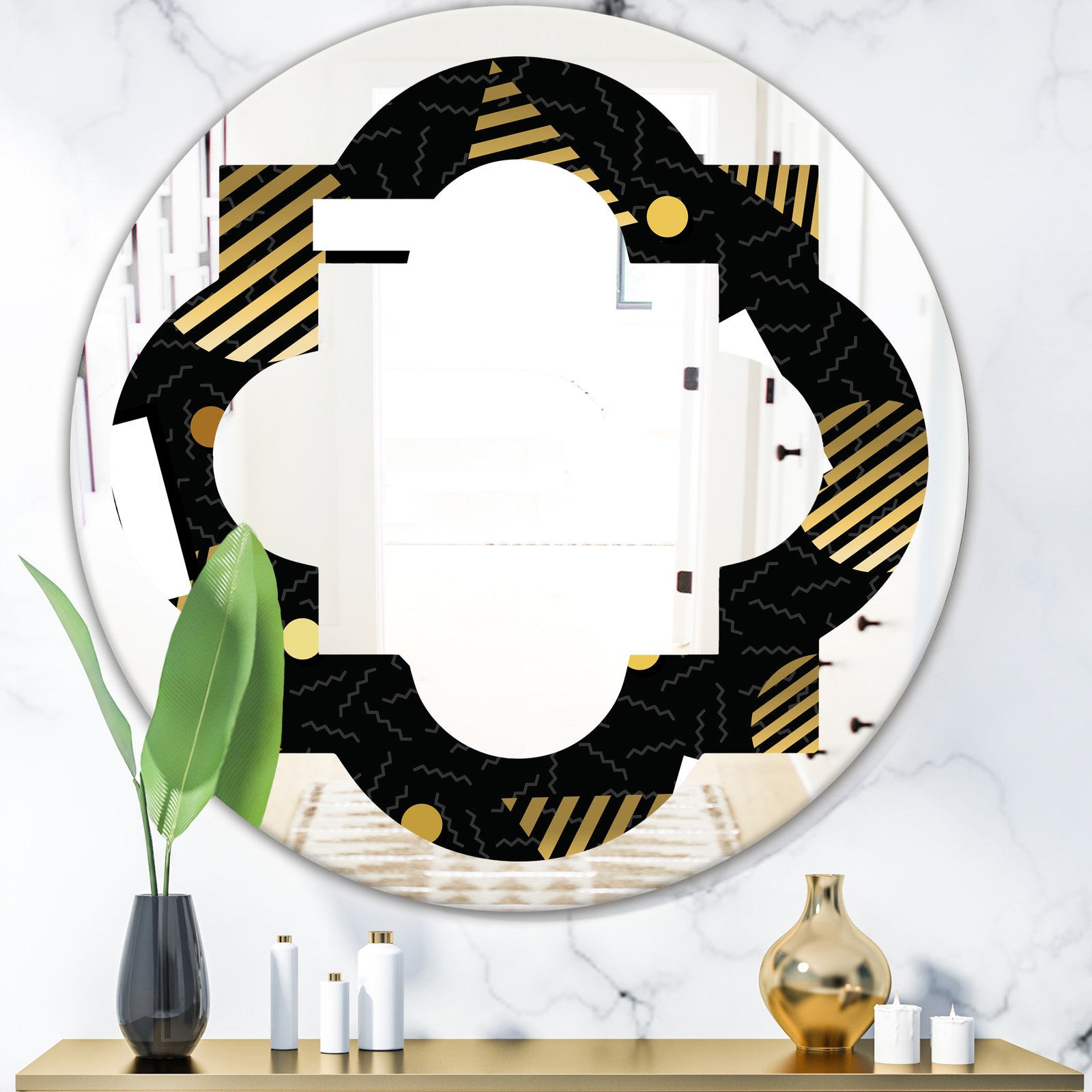 Gold Retro Circular Pattern - Modern Round or Oval Wall Mirror - Quatrefoil