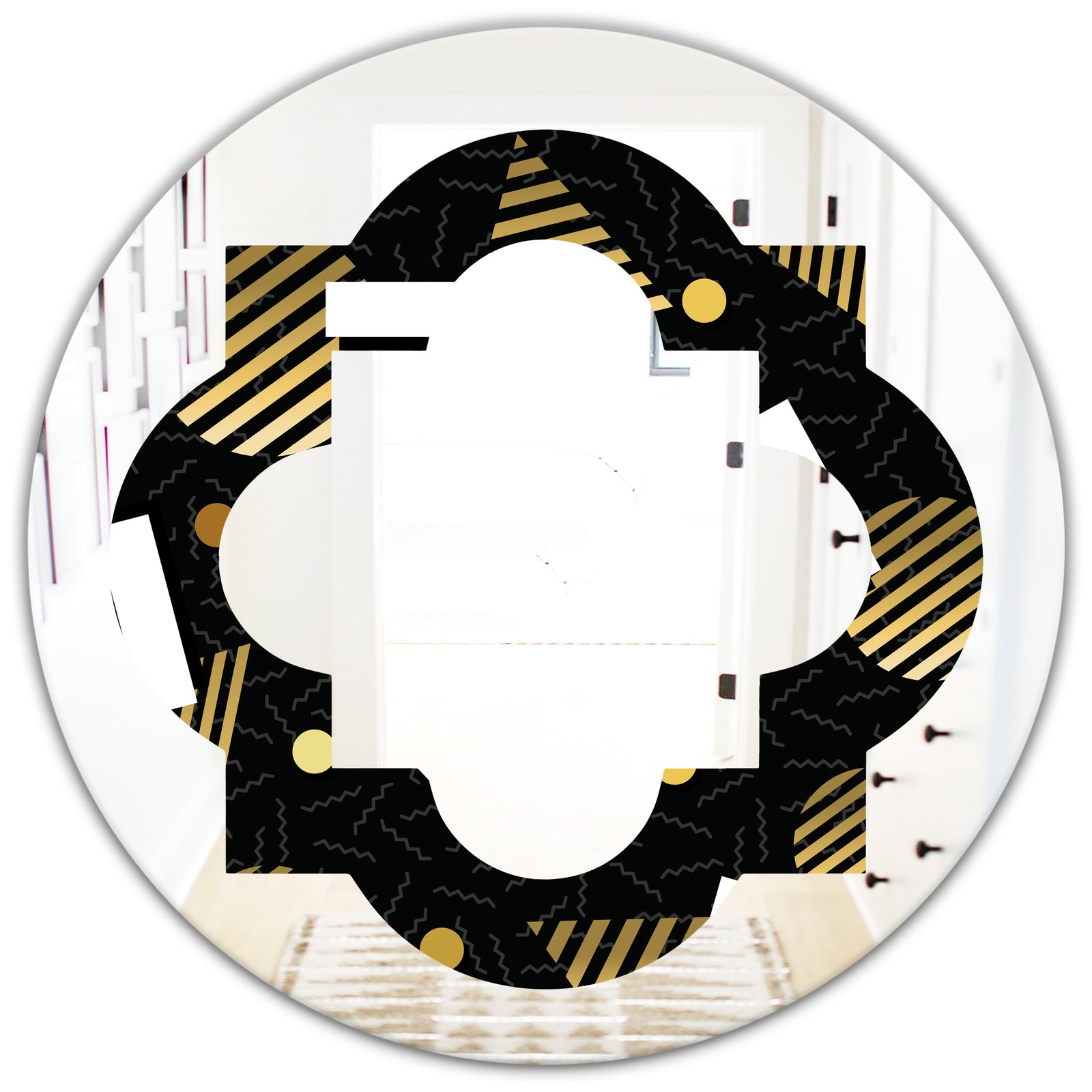 Gold Retro Circular Pattern - Modern Round or Oval Wall Mirror - Quatrefoil