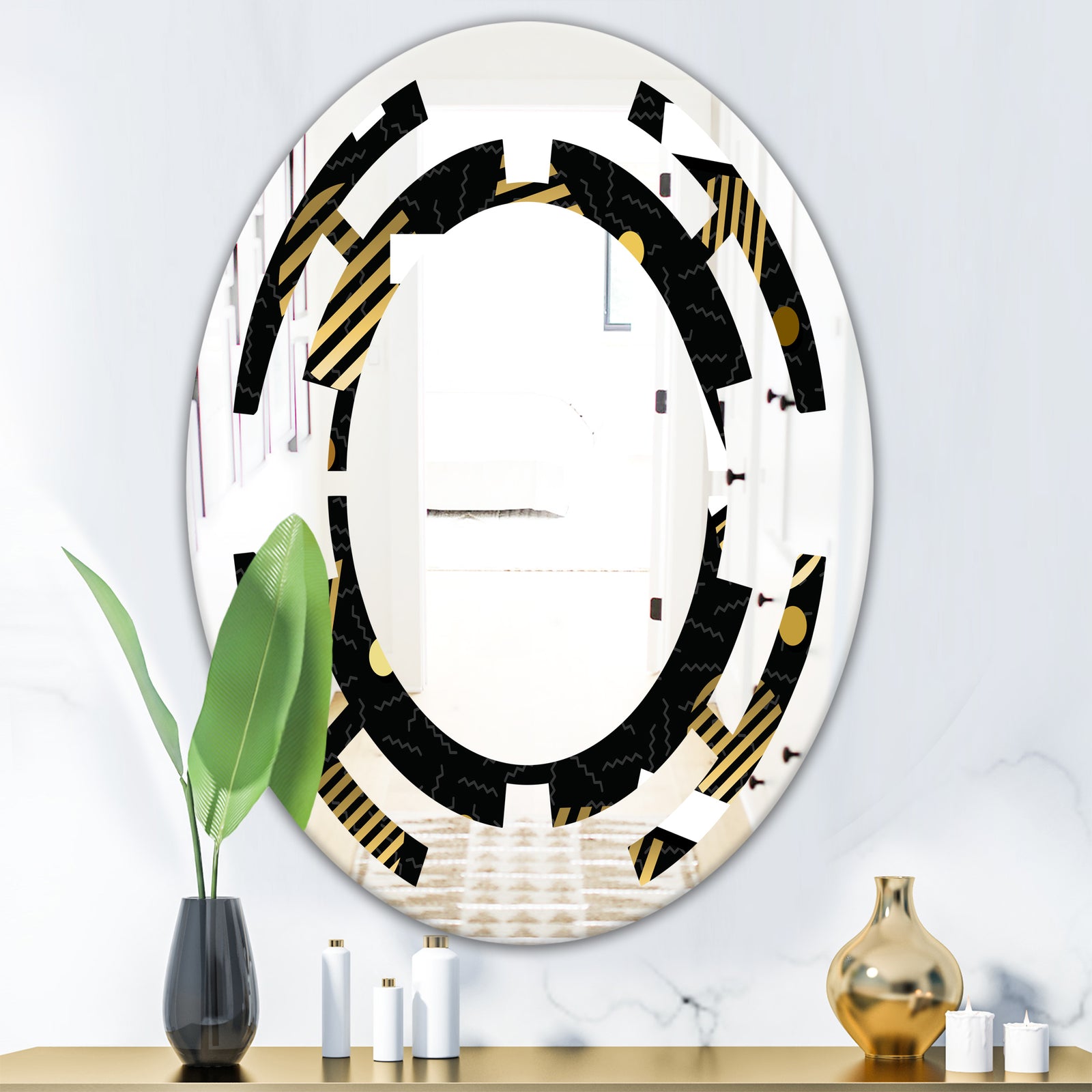 Gold Retro Circular Pattern - Modern Round or Oval Wall Mirror - Space