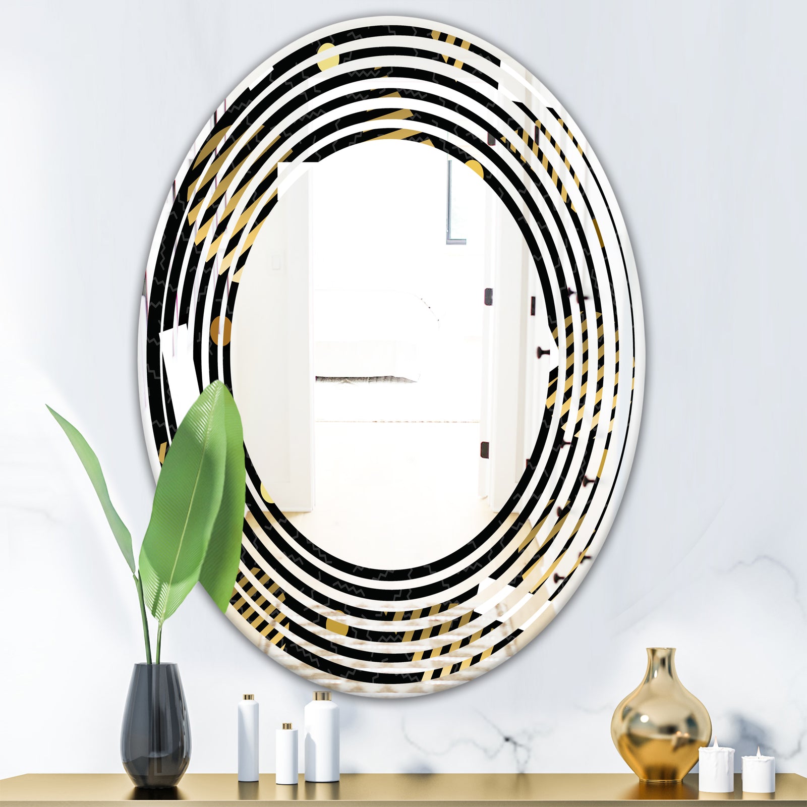 Gold Retro Circular Pattern - Modern Round or Oval Wall Mirror - Wave