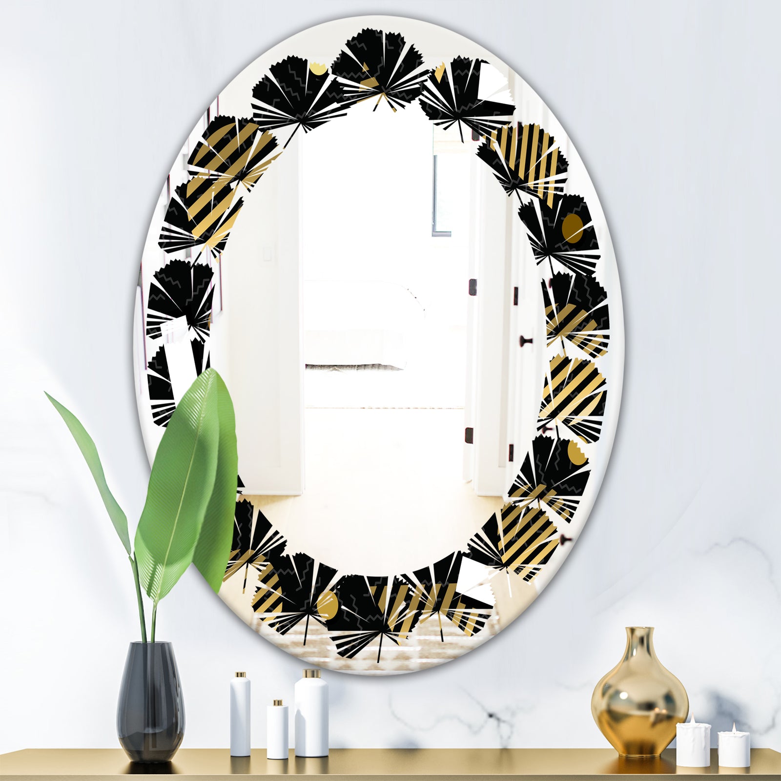 Gold Retro Circular Pattern - Modern Round or Oval Wall Mirror - Leaves