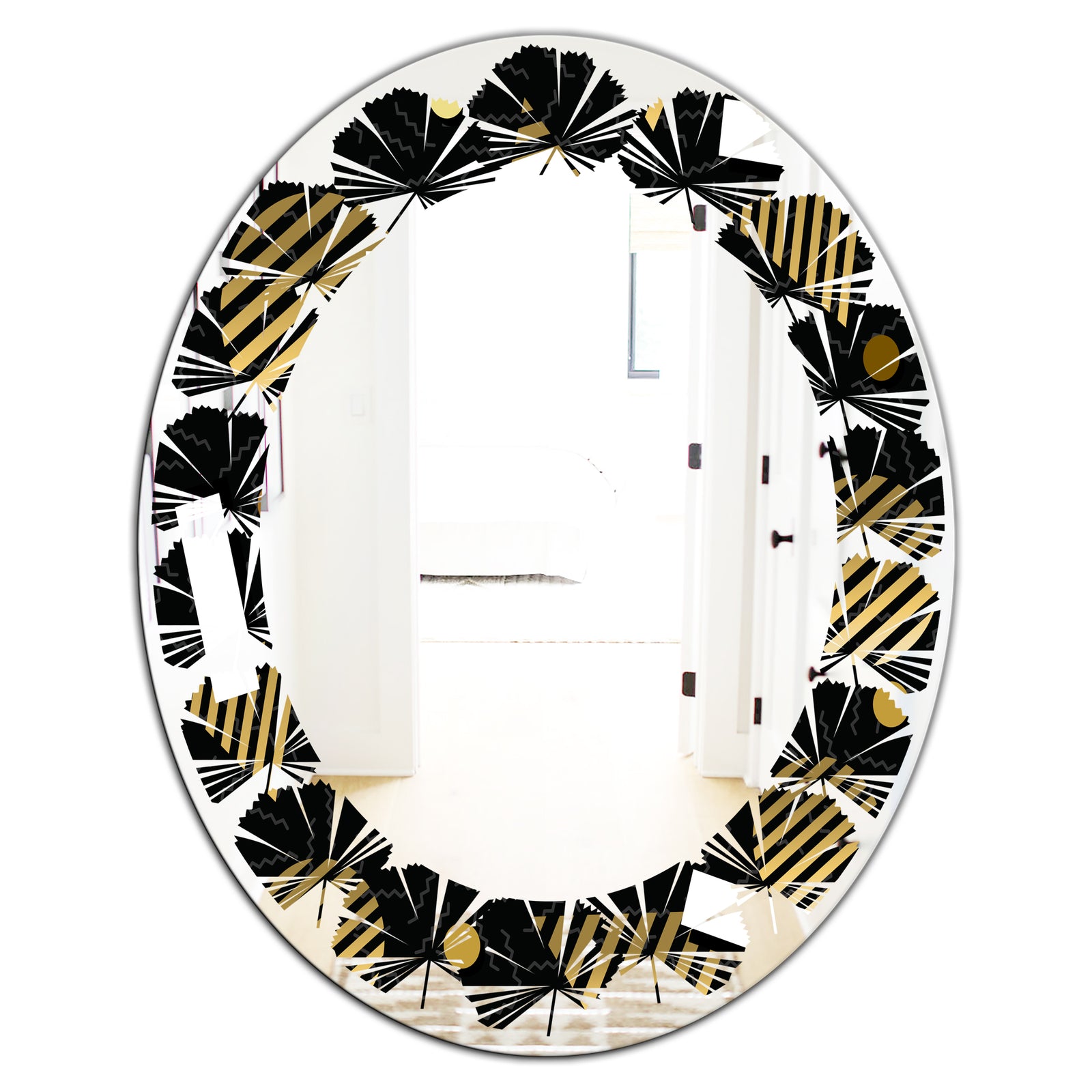 Gold Retro Circular Pattern - Modern Round or Oval Wall Mirror - Leaves