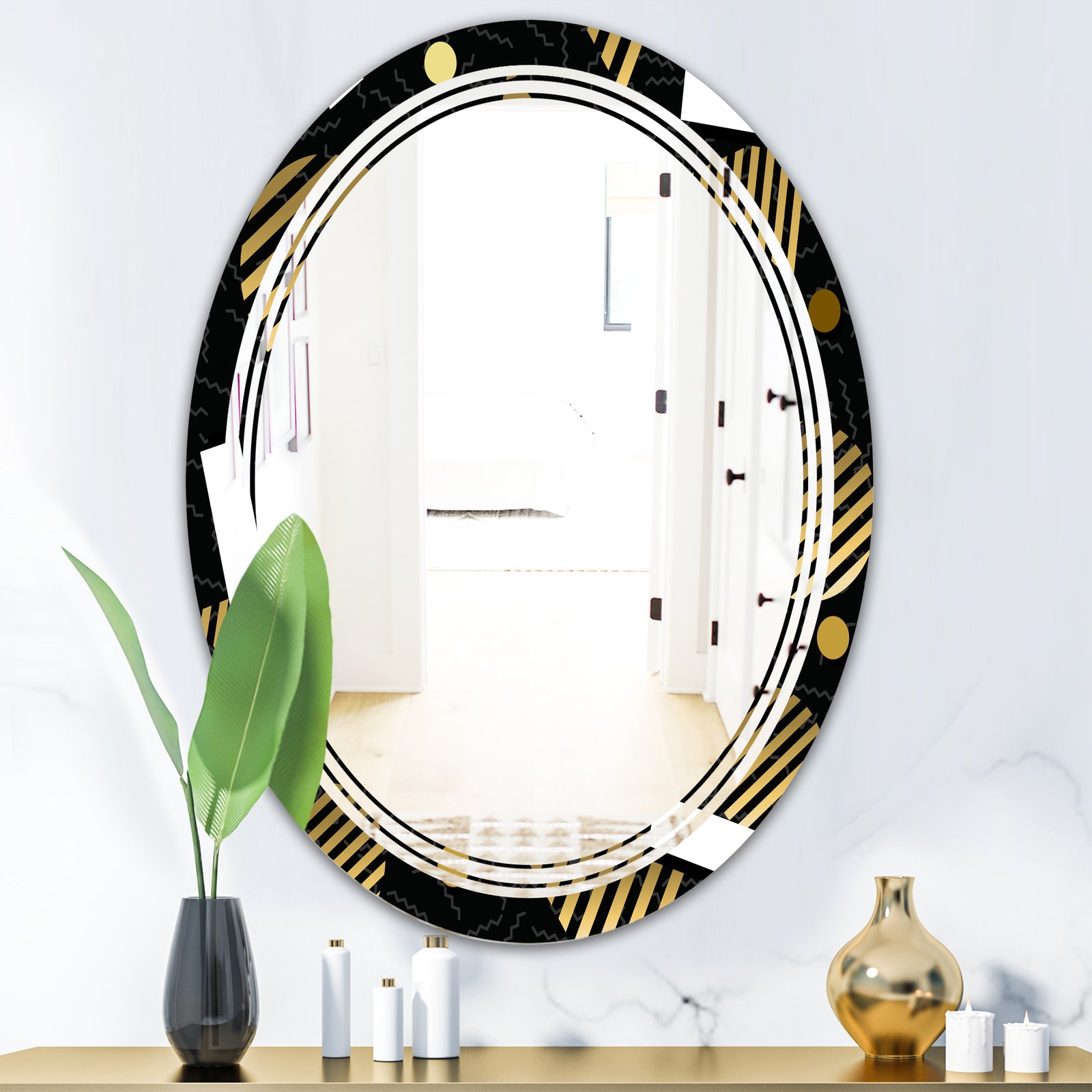 Gold Retro Circular Pattern - Modern Round or Oval Wall Mirror - Triple C