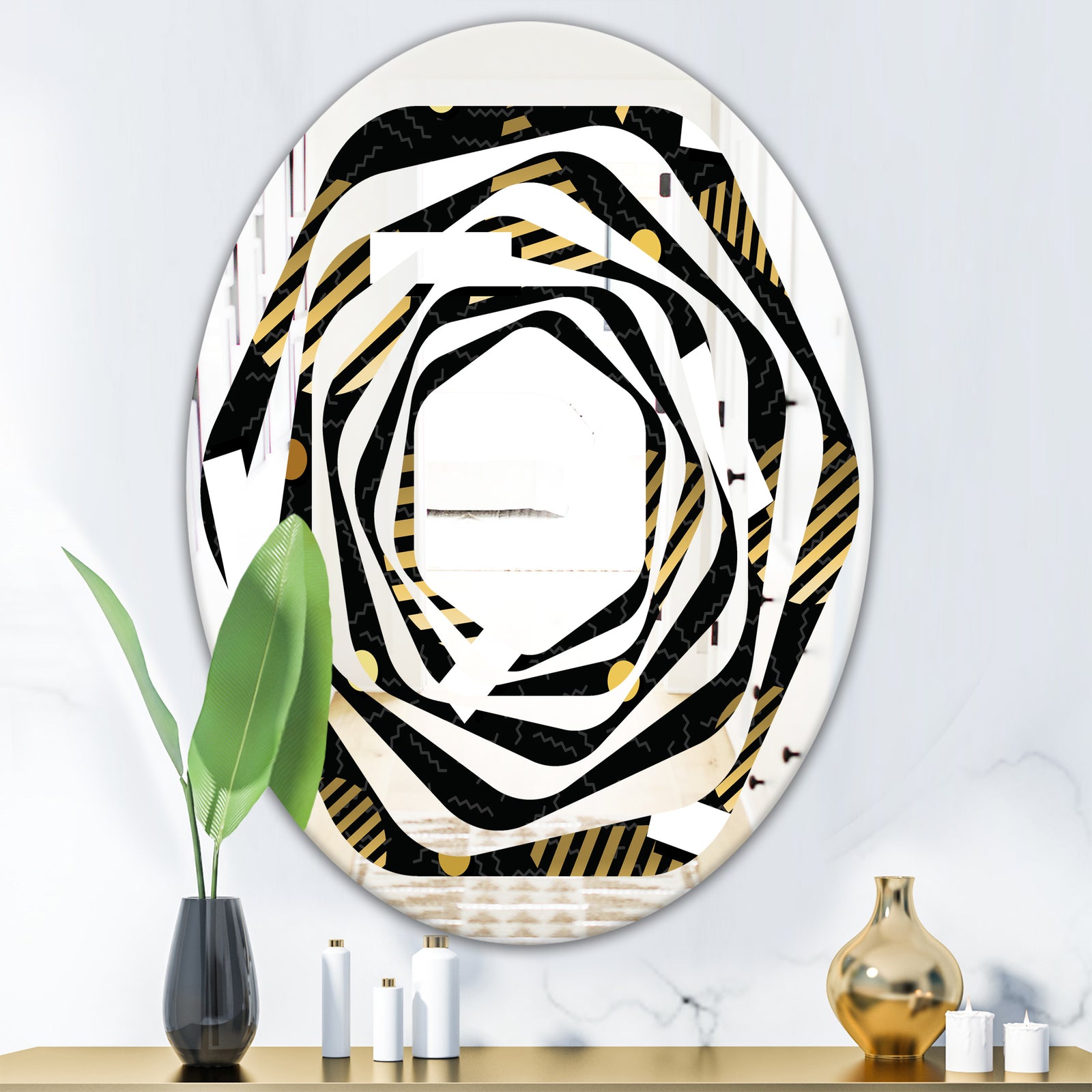 Gold Retro Circular Pattern - Modern Round or Oval Wall Mirror - Whirl