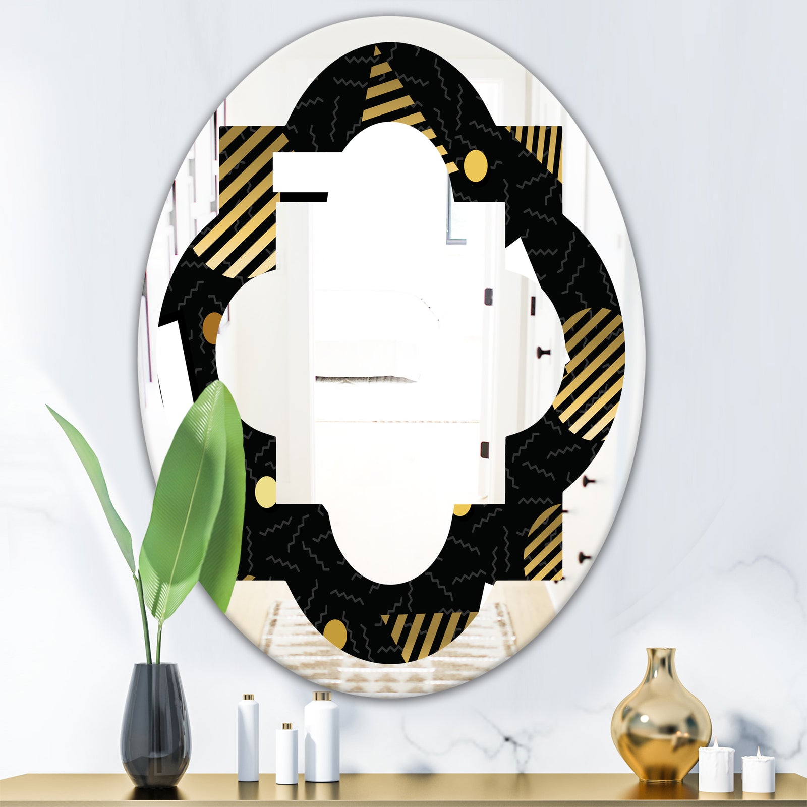 Gold Retro Circular Pattern - Modern Round or Oval Wall Mirror - Quatrefoil
