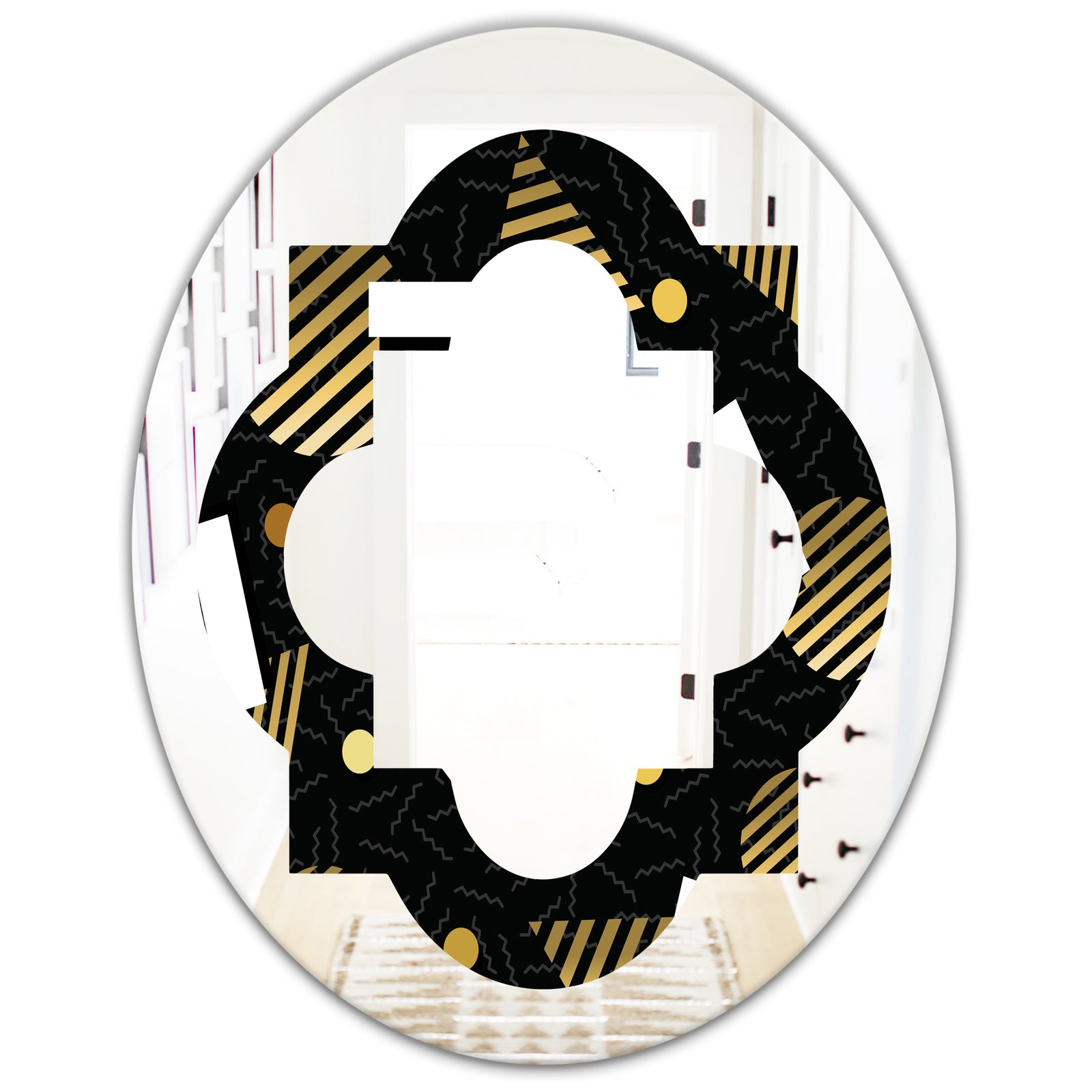 Gold Retro Circular Pattern - Modern Round or Oval Wall Mirror - Quatrefoil