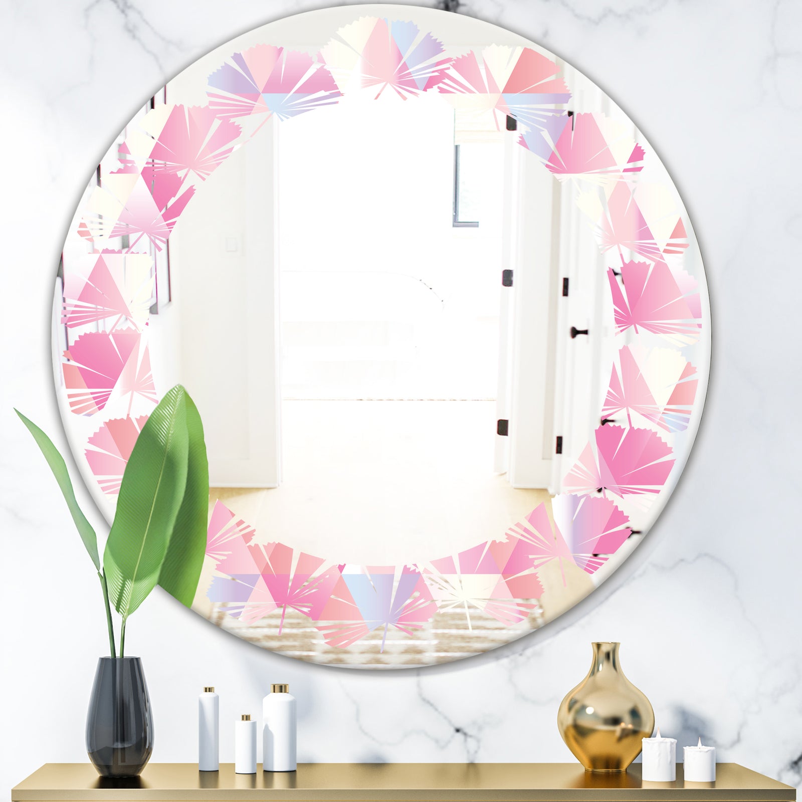 Diamond Retro VI - Modern Round or Oval Wall Mirror - Leaves