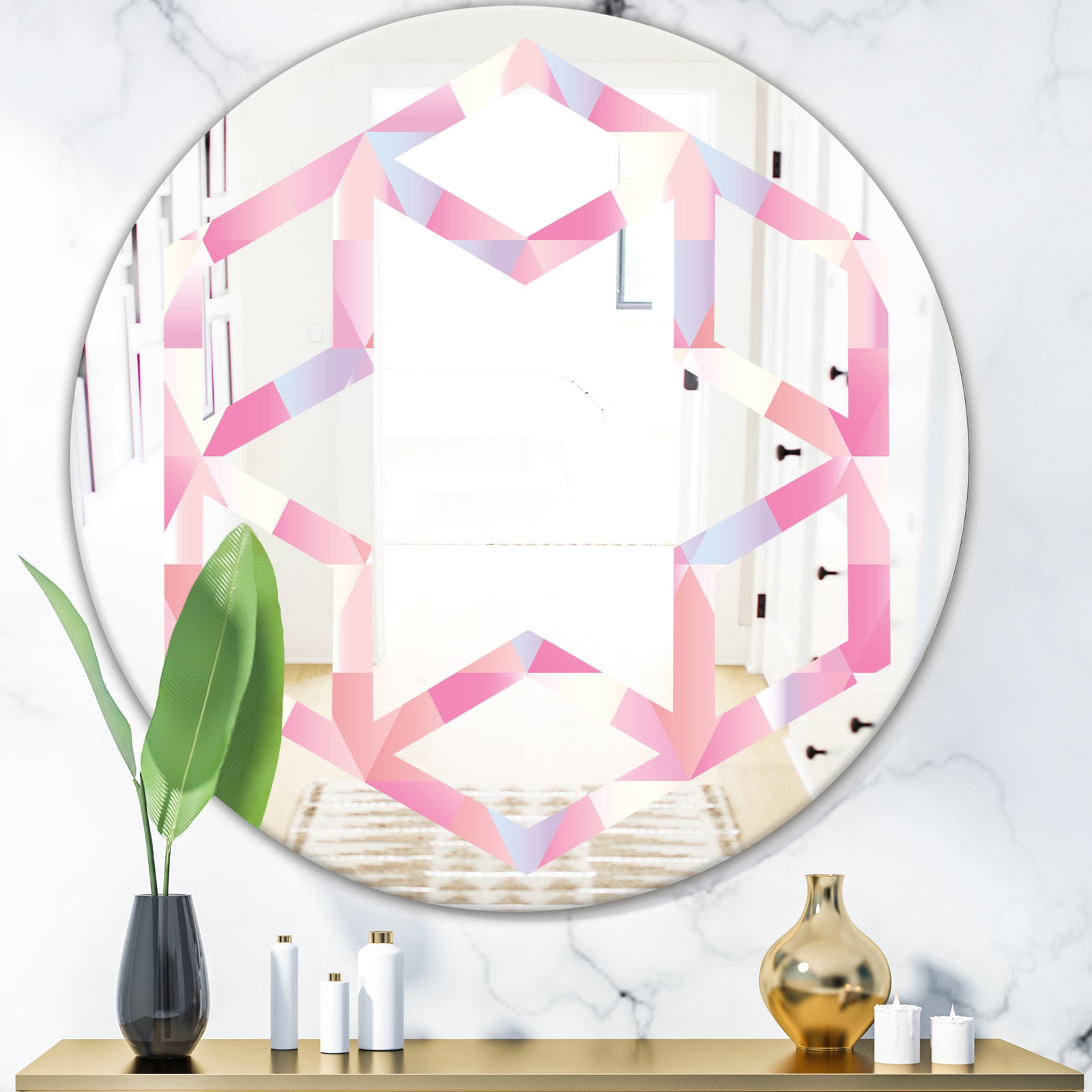 Diamond Retro VI - Modern Round or Oval Wall Mirror - Hexagon Star