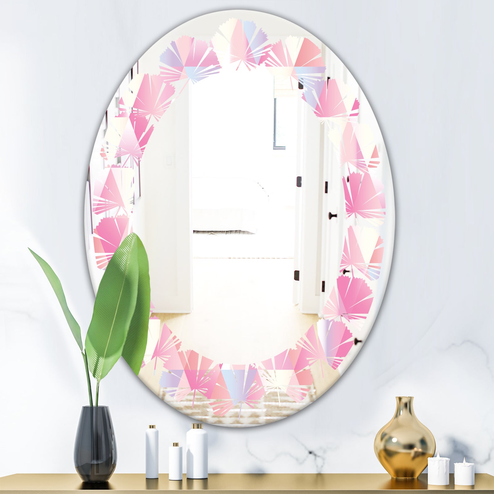Diamond Retro VI - Modern Round or Oval Wall Mirror - Leaves