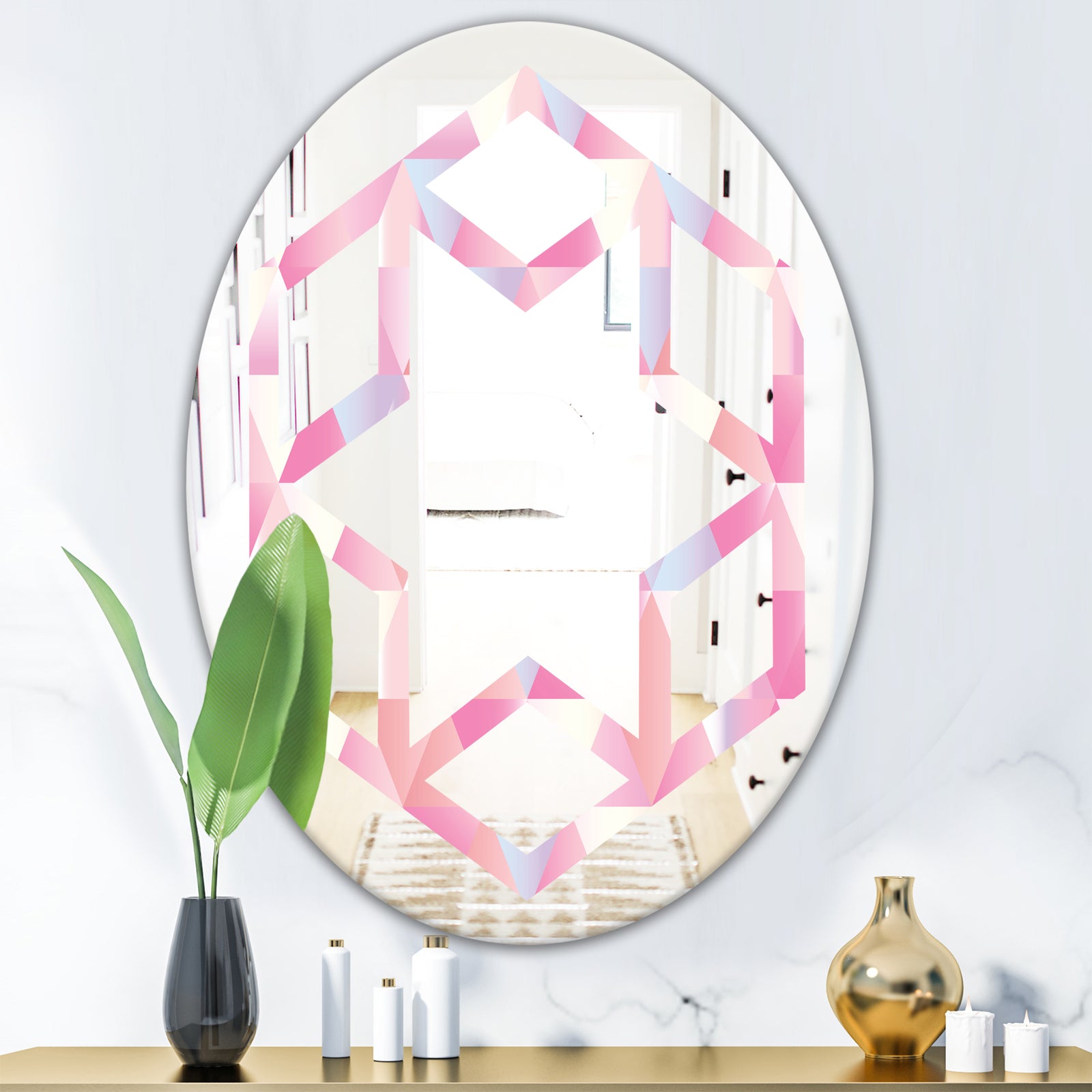 Diamond Retro VI - Modern Round or Oval Wall Mirror - Hexagon Star