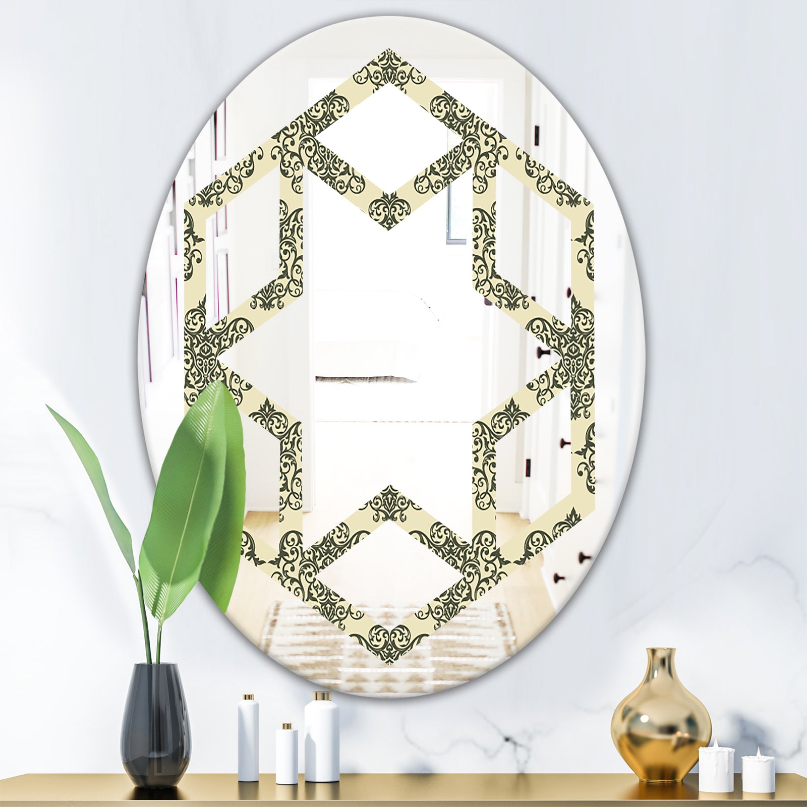Abstract Design Retro Pattern III - Modern Round or Oval Wall Mirror - Hexagon Star