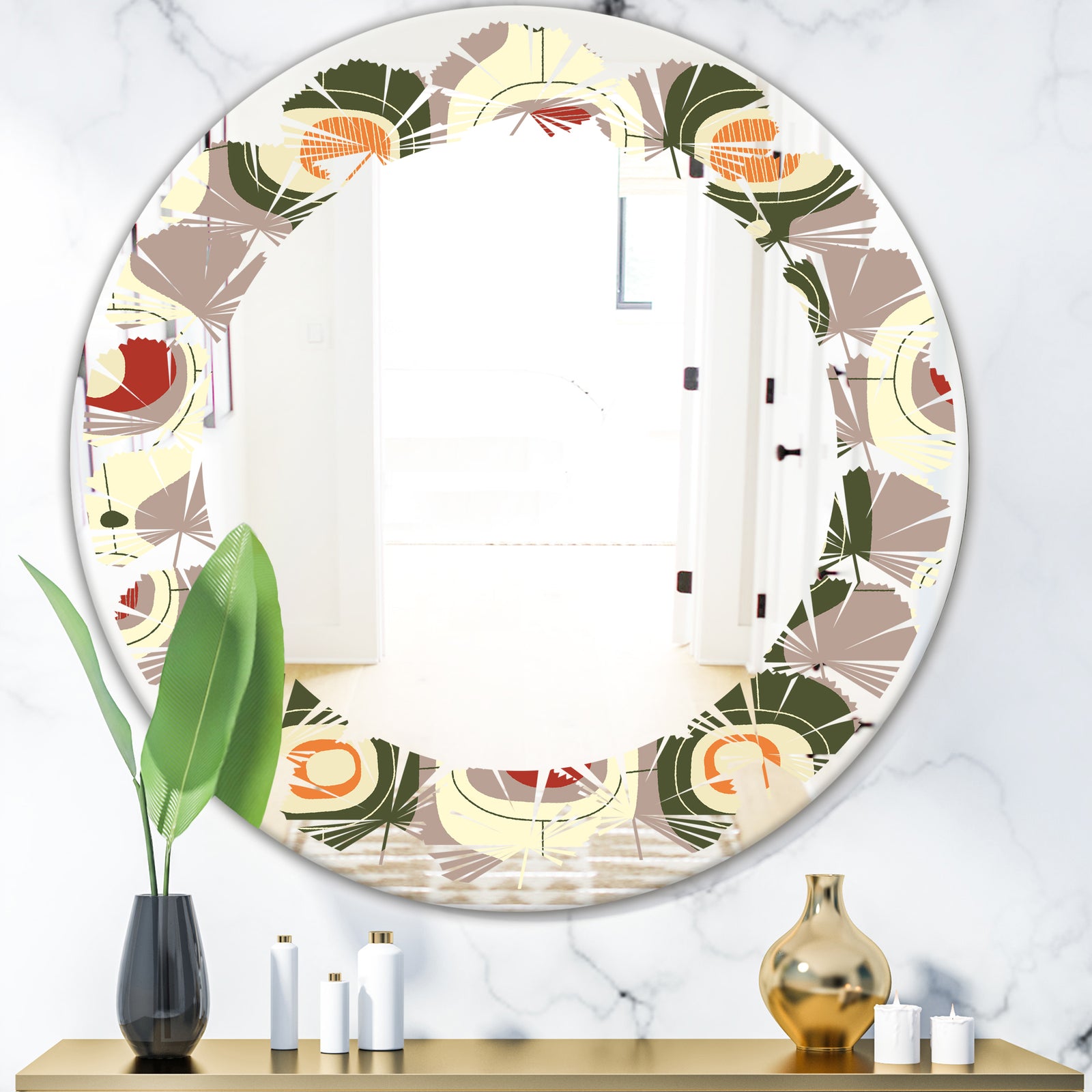 Retro Abstract Design X - Modern Round or Oval Wall Mirror - Leaves