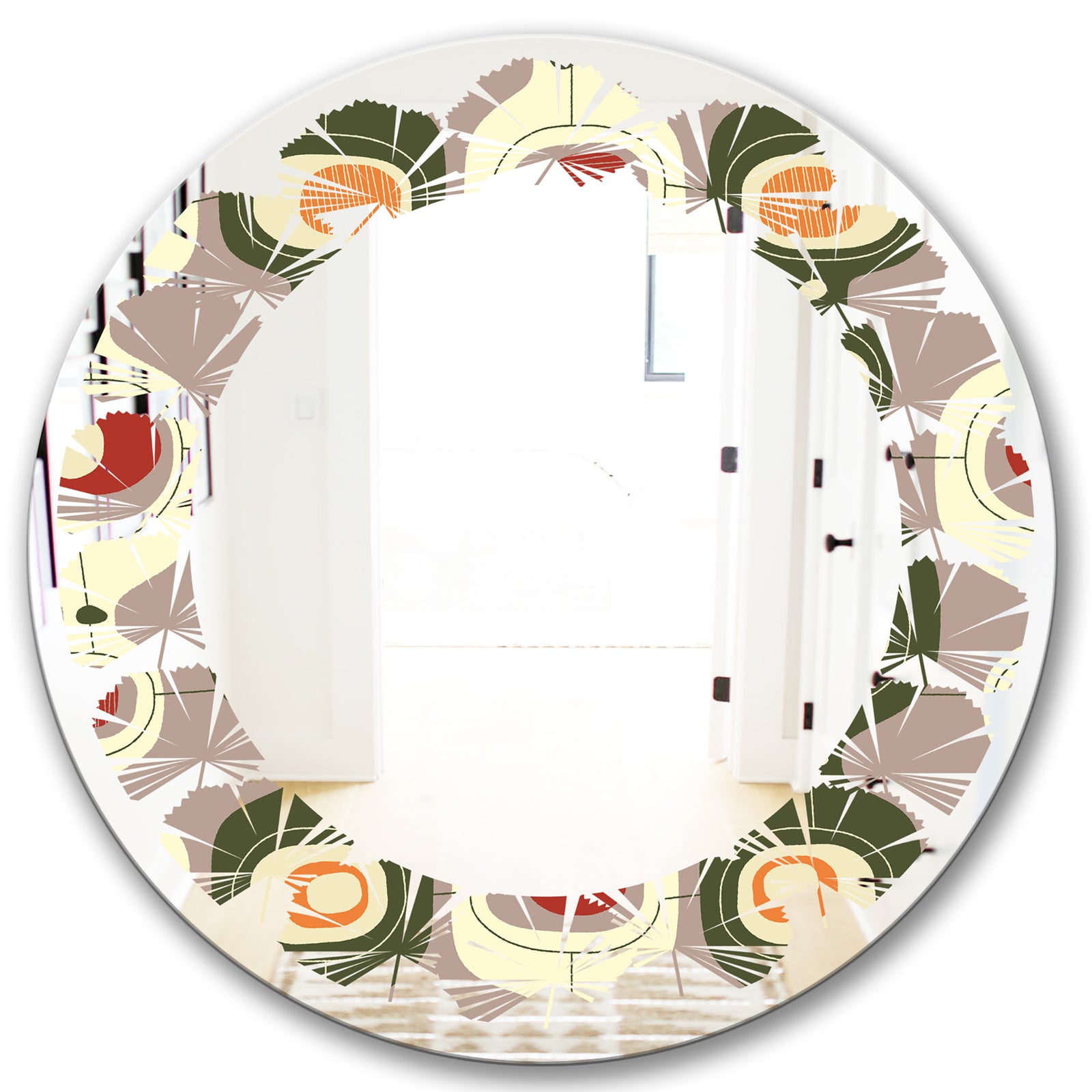 Retro Abstract Design X - Modern Round or Oval Wall Mirror - Leaves