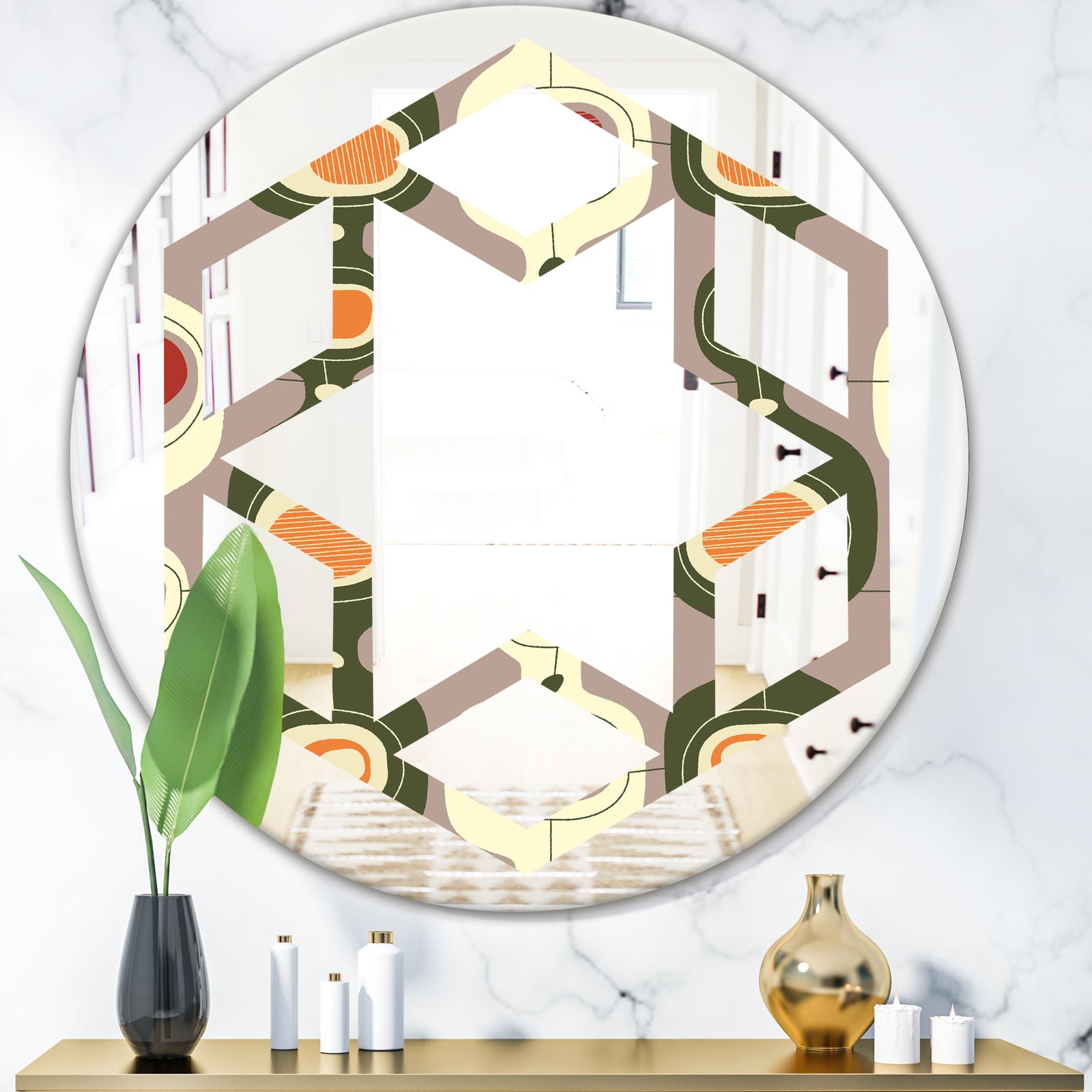 Retro Abstract Design X - Modern Round or Oval Wall Mirror - Hexagon Star