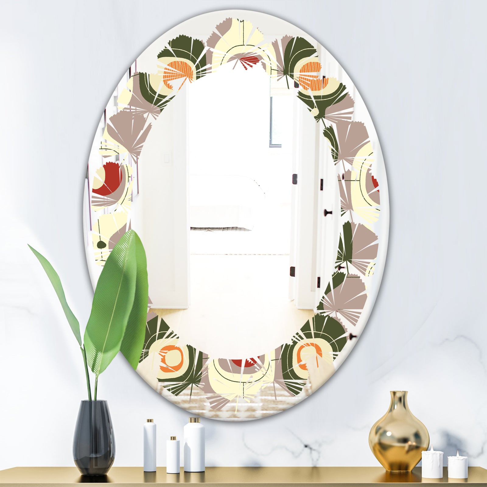Retro Abstract Design X - Modern Round or Oval Wall Mirror - Leaves