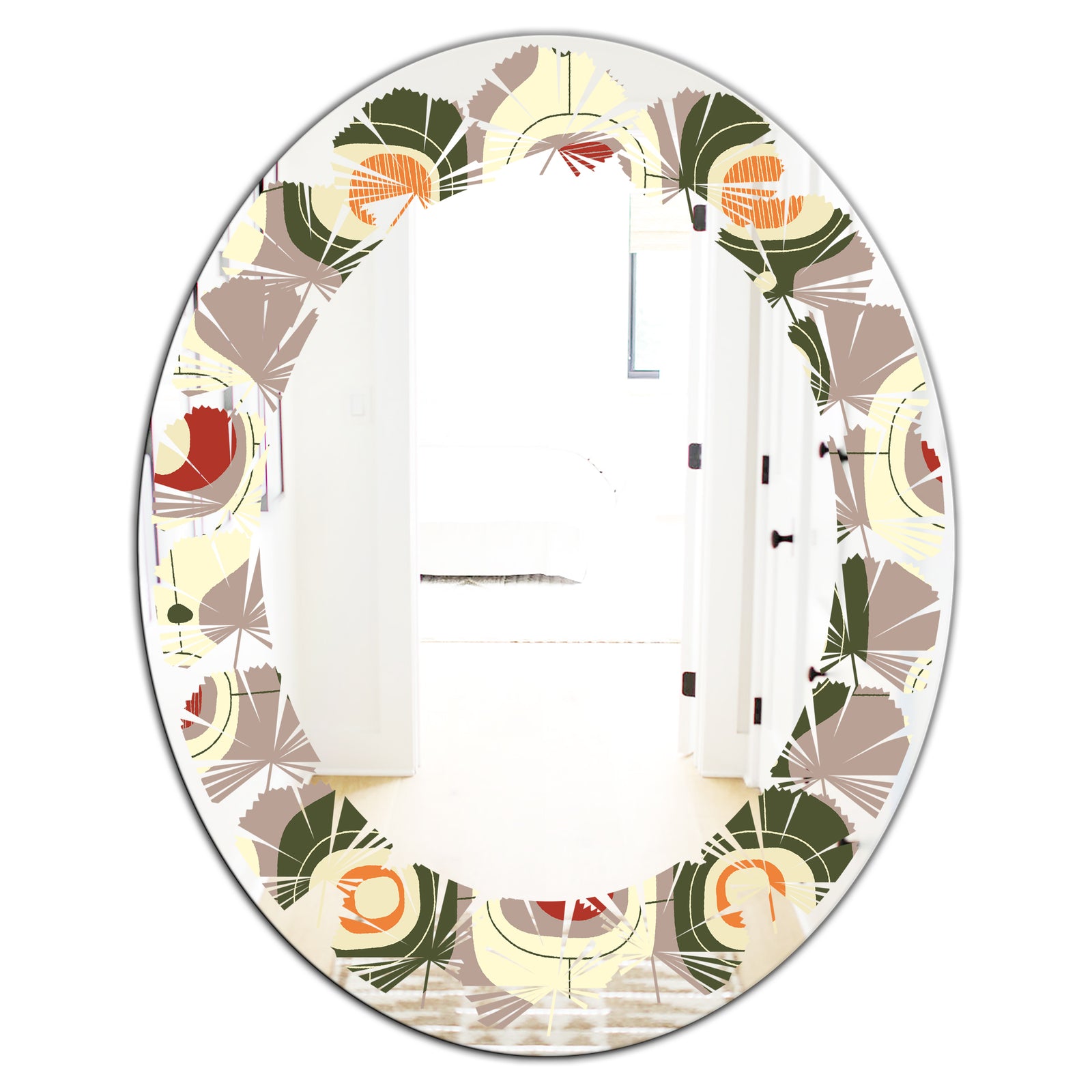 Retro Abstract Design X - Modern Round or Oval Wall Mirror - Leaves
