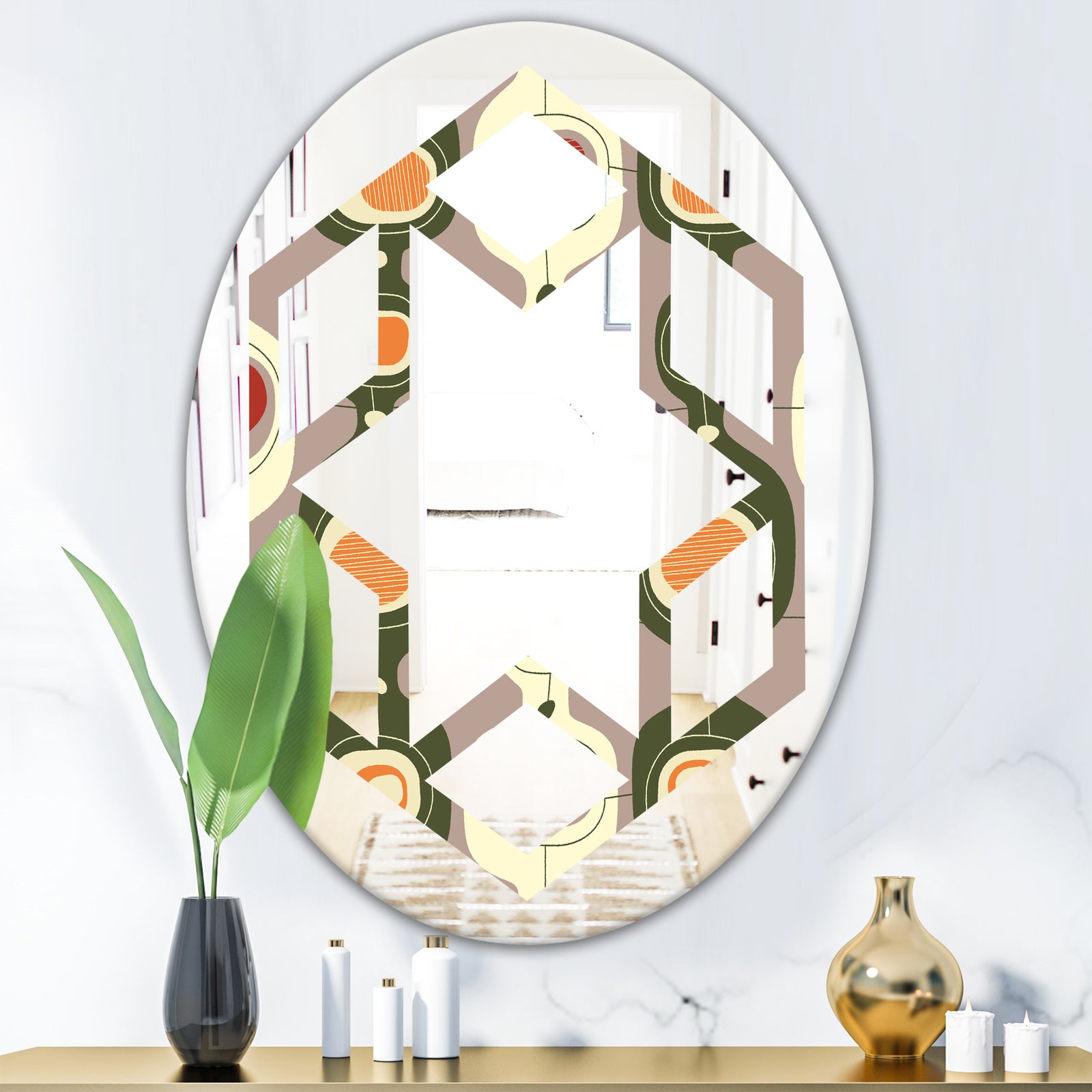 Retro Abstract Design X - Modern Round or Oval Wall Mirror - Hexagon Star
