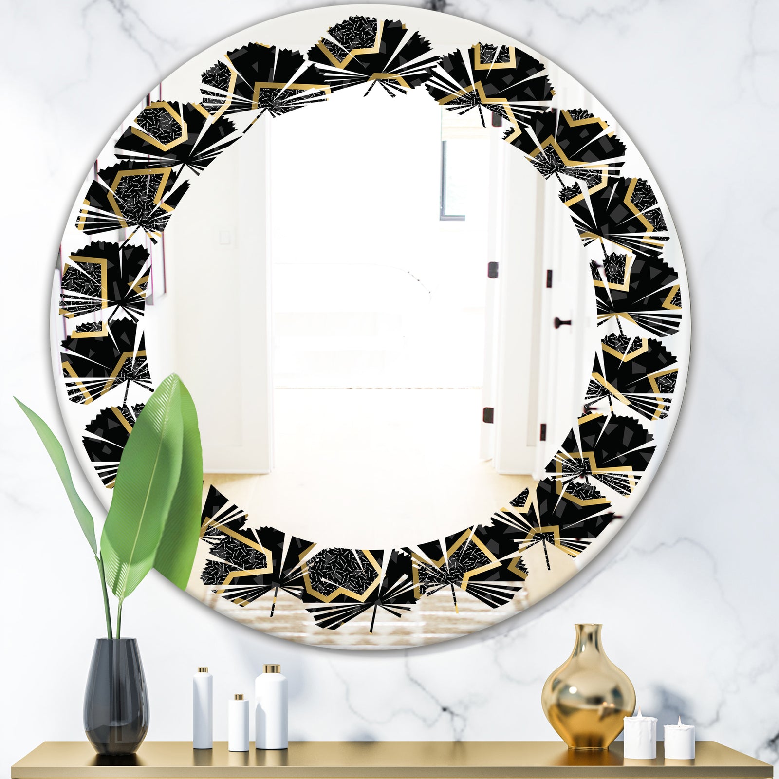 Gold Retro 80s - Modern Round or Oval Wall Mirror - Leaves