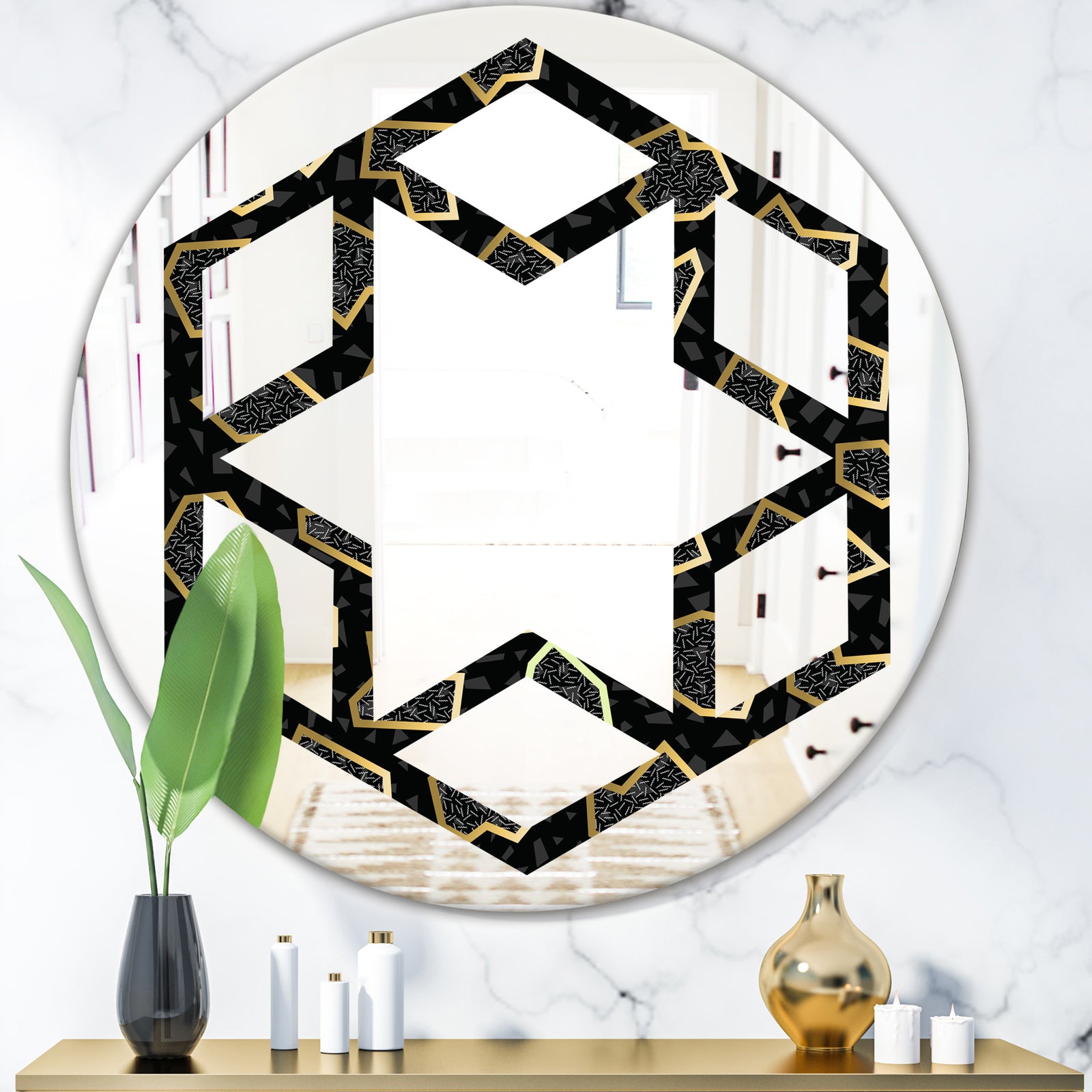 Gold Retro 80s - Modern Round or Oval Wall Mirror - Hexagon Star
