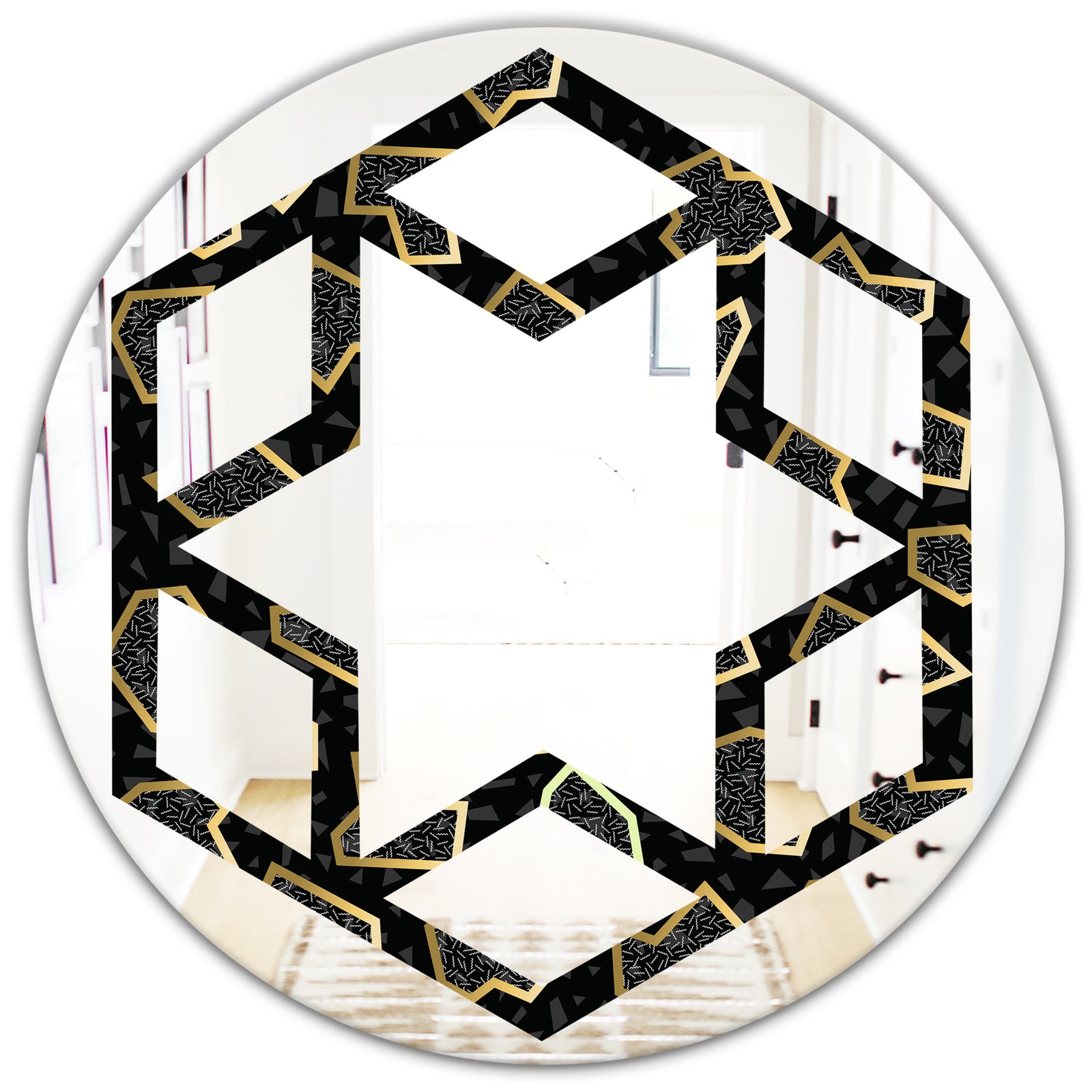 Gold Retro 80s - Modern Round or Oval Wall Mirror - Hexagon Star