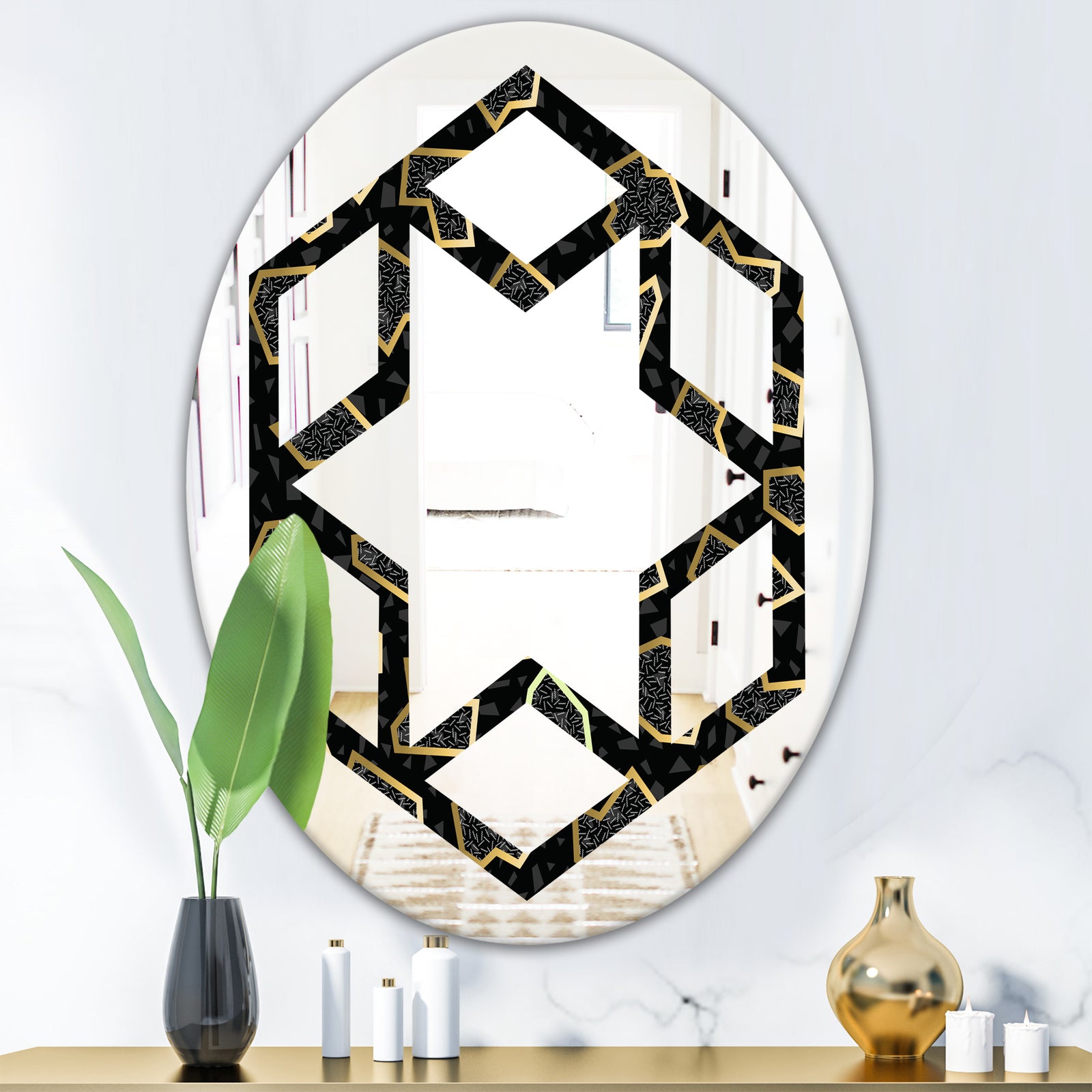 Gold Retro 80s - Modern Round or Oval Wall Mirror - Hexagon Star