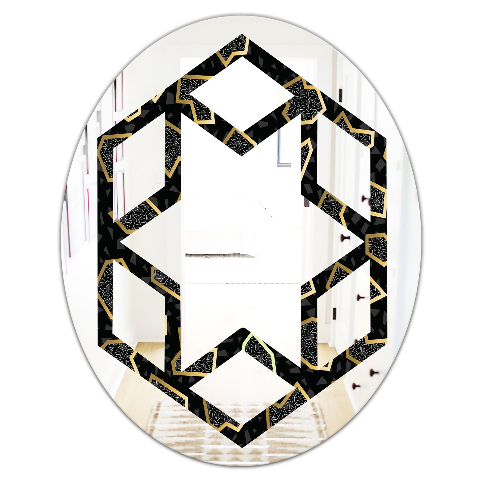 Gold Retro 80s - Modern Round or Oval Wall Mirror - Hexagon Star