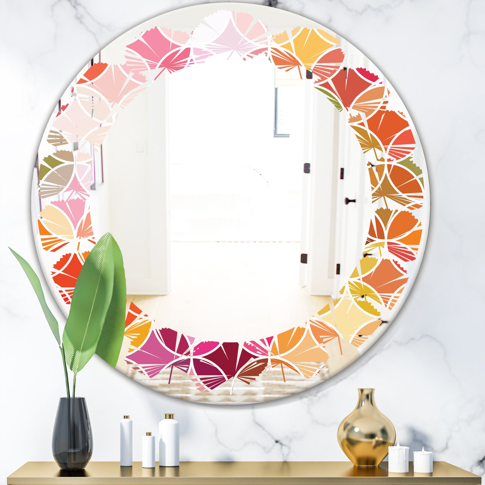 Geometrical Retro Design II - Modern Round or Oval Wall Mirror - Leaves