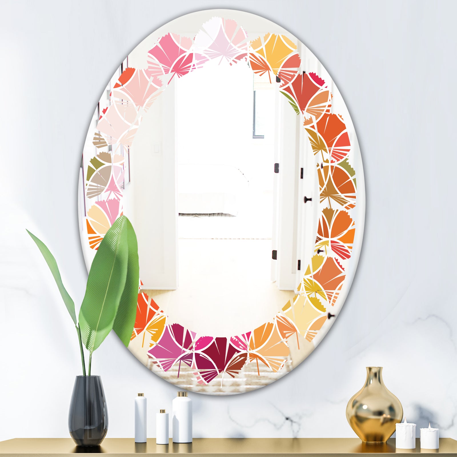 Geometrical Retro Design II - Modern Round or Oval Wall Mirror - Leaves