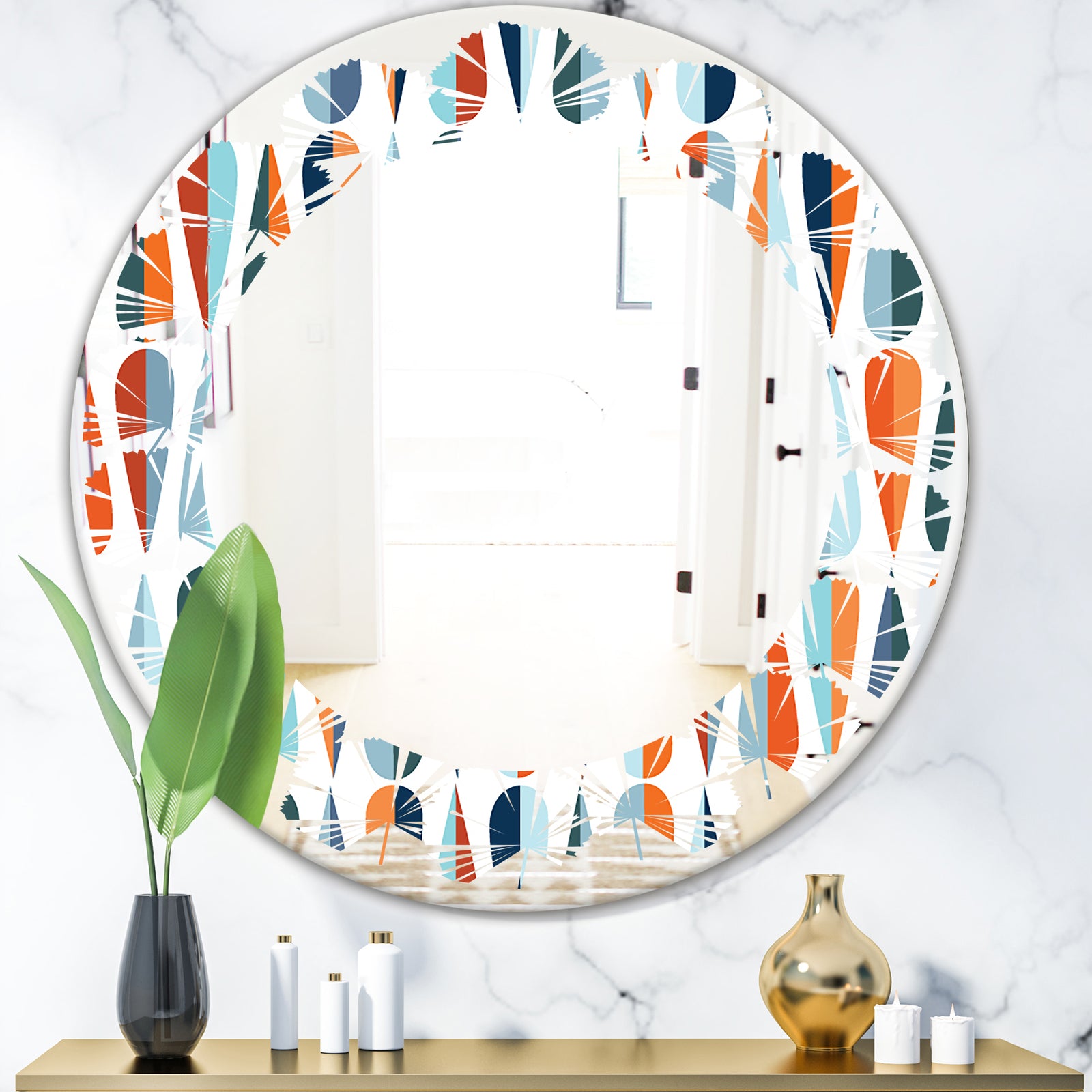 Retro Abstract Drops V - Modern Round or Oval Wall Mirror - Leaves