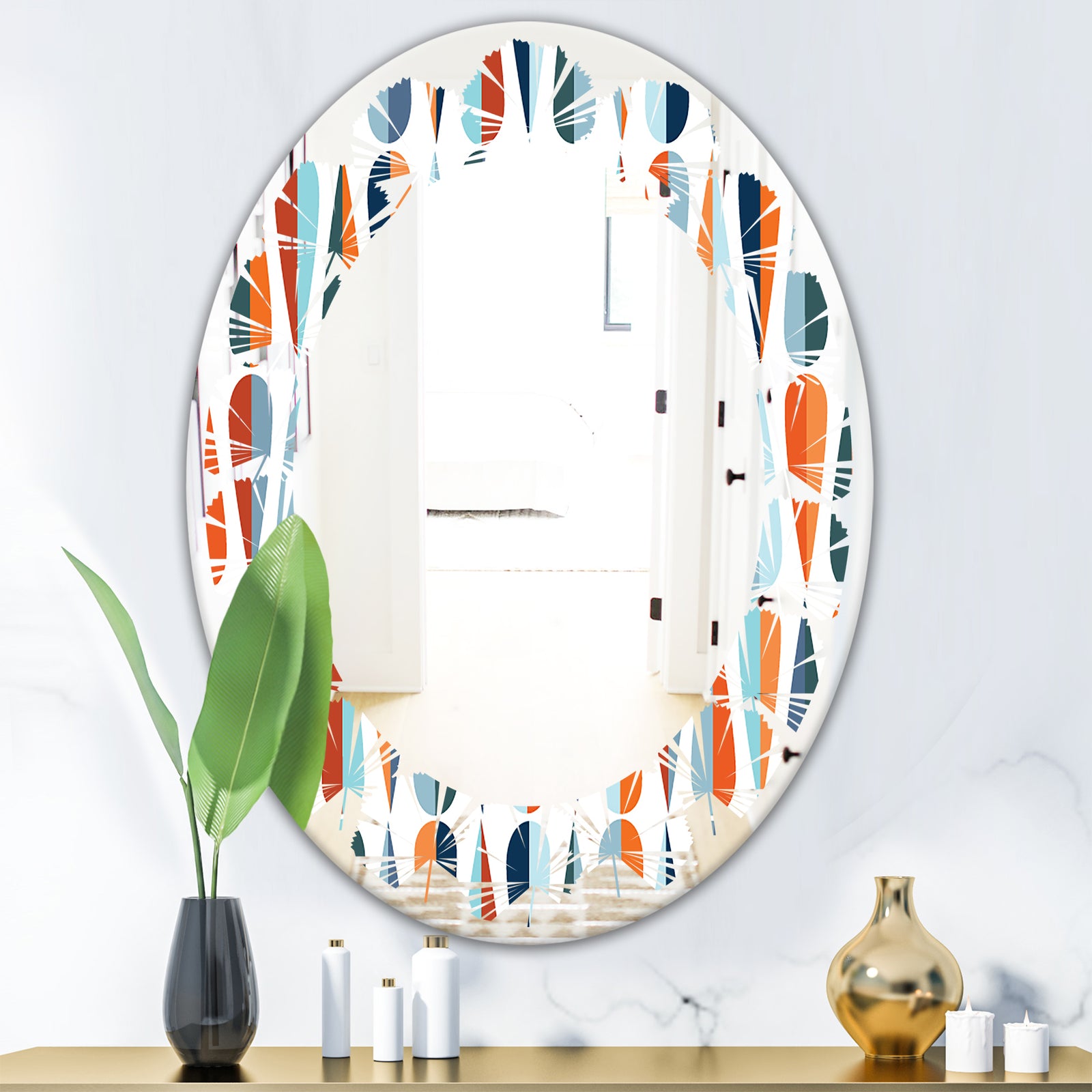 Retro Abstract Drops V - Modern Round or Oval Wall Mirror - Leaves