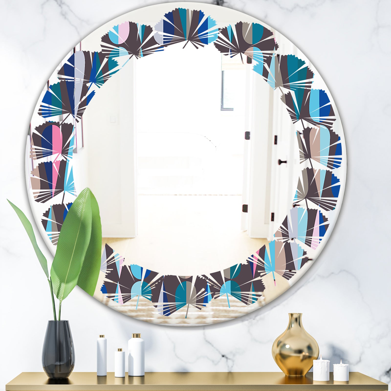 Retro Abstract Drops VIII - Modern Round or Oval Wall Mirror - Leaves