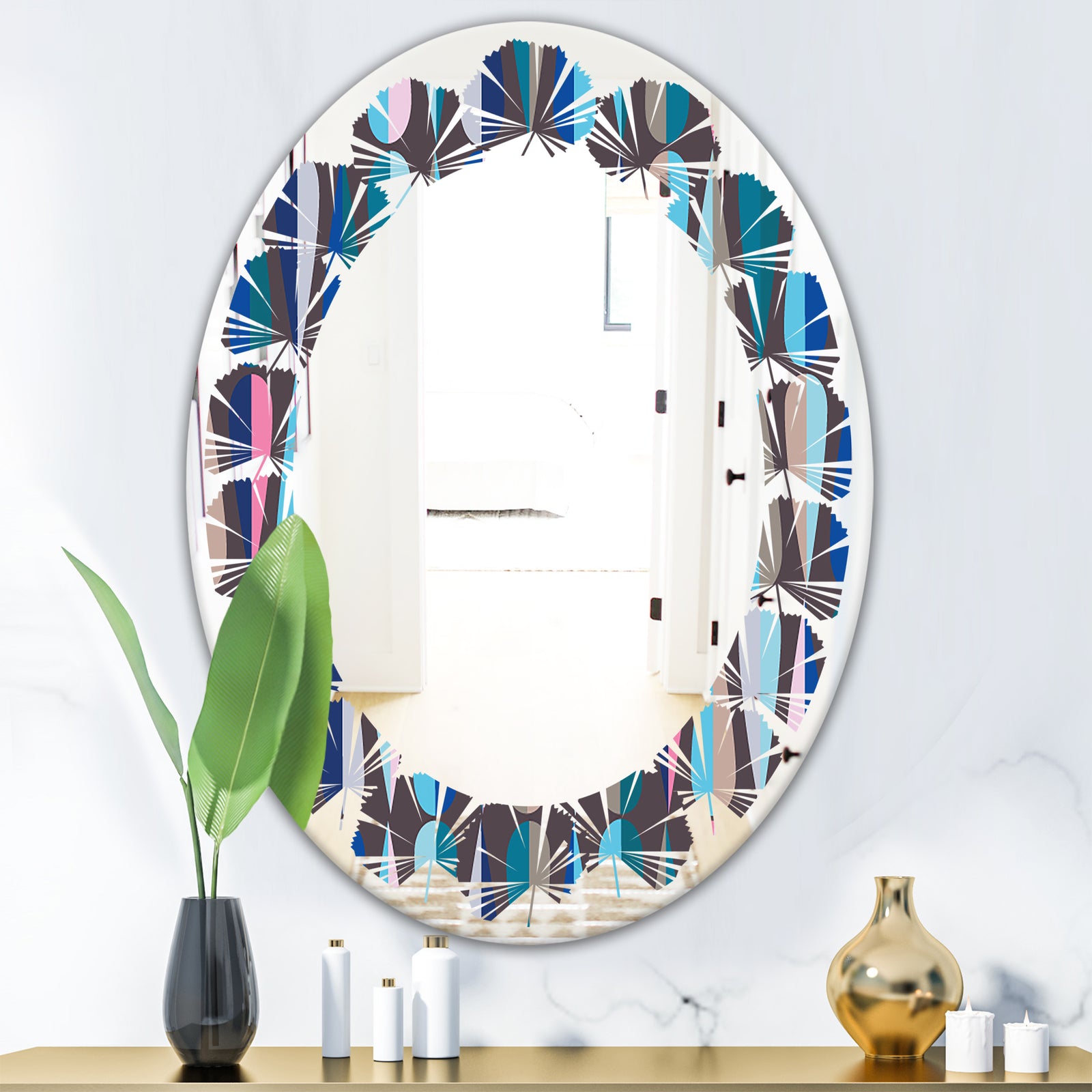 Retro Abstract Drops VIII - Modern Round or Oval Wall Mirror - Leaves