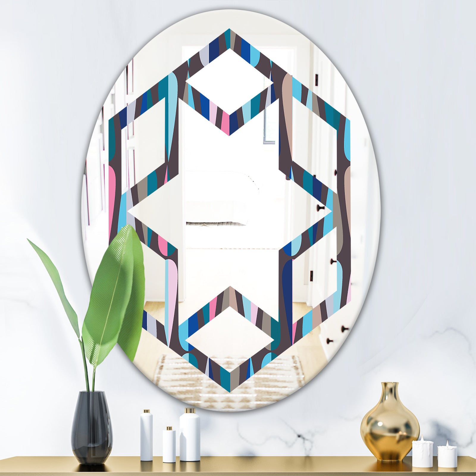Retro Abstract Drops VIII - Modern Round or Oval Wall Mirror - Hexagon Star